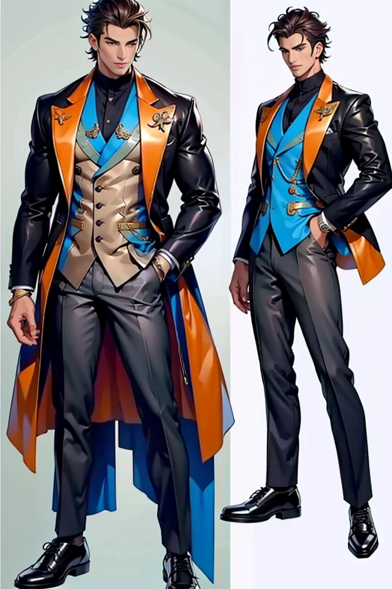 reference sheet：1.8，super detailing，high high quality，tmasterpiece，a tall boy，Handsome face，blazer jacket，trouser，leather shoes，Business。