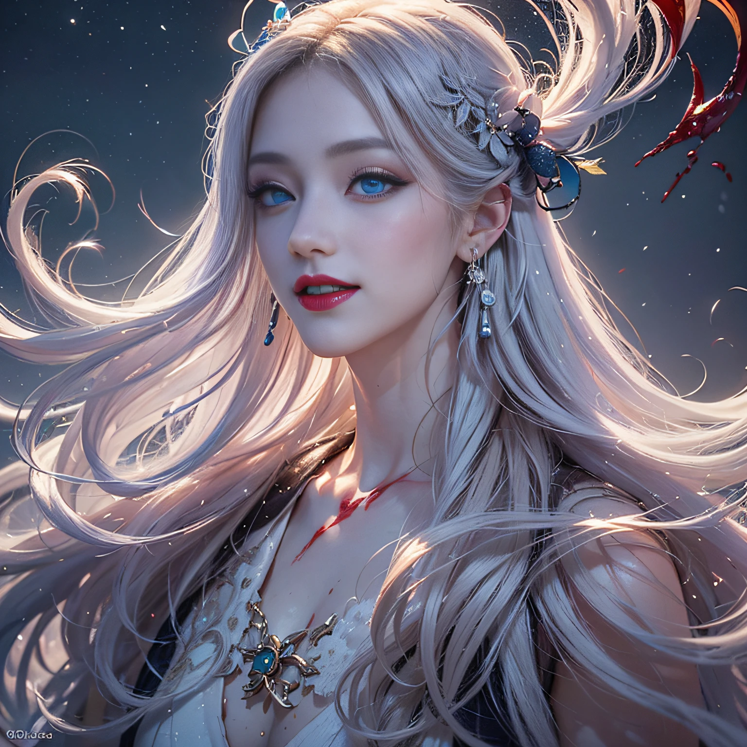 (number々Award-winning masterpieces of, with incredible detail, textures and maximum detail), (Hyper realistic:1.4), (Realistic:1.3), (Full body image:1.7), (Upper Body Up:0.3), (Transparent, Strangely white skin and realistic texture of the highest quality), (five perfect and beautiful fingers:1.8), (Yuki-onna from Japanese folk tales: 1.6), (smile with blood red lips: 1.7), (fine perfectly symmetrical eyes), (Dense and breathtakingly beautiful face: 1.6), (Image of an aesthetic and decadent atmosphere: 1.6), (fair but beautiful skin and face,,,: 1.6), (Beautiful long black hair fluttering in the wind:1.4), (Wearing decadent and delicately crafted accessories: 1.8), (Bioluminescent bright blue eyes: 1.7), (Fallen Beauty: 1.6), (Blue eyes that emit a strong blue light from within:1.7), (The calm white old clothes that cover his entire body are severely damaged.., however、Elegant and delicate: 1.8), (Less skin exposure:1.5), (Strong moonlight shining in from overhead: 1.7), ((dramatic photography)), ((Cinematic Light)), (full-length portrait:1.7), (looks up), (Looking down), (dramatic pose), (Smoke effect and bewitching light:1.4), Beautiful white hair, Beautiful silver hair, Beautiful blonde hair, Wind-effect, Swirling snow, blizzard, Winter storms, wind and rain, (Purple smoke in the air: 1.3), (Snowstorm Ice Field, Quiet snowfield on a moonlit night, Midnight Snow Town), (a dark night, Full Moon Night, New Moon Night), Epic Realistic, Faded, ((Neutral colors)), Art Book, (nffsw:1.5), (Muted colors:1.2), Hyper Detailed, (Art Station:1.5), Cinematic, Warm lights, light effect, Dramatic light, (Intricate details:1.1), Complex background, (Greg Rutkowski:0.8), (teal and orange:0.4),