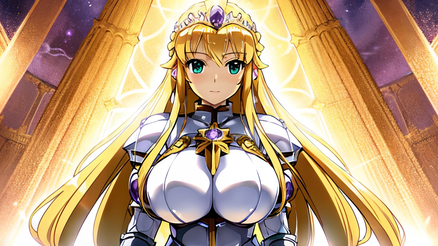 Anime woman with long blonde hair wearing white dress holding sword, knights of zodiac girl, portrait knights of zodiac girl, In amethyst armor, oppai, huge tit, with large breasts, seductive princess knight, anime goddess, Princess Knight, ((a beautiful fantasy empress)), blonde - haired princess, a blonde emerald warrior, Amethyst Princess, Amethyst reflective armor, Crystal Amethyst Armor, smooth anime cg art, princess intergalactica, Dress Armor Girl, High quality anime art style,
