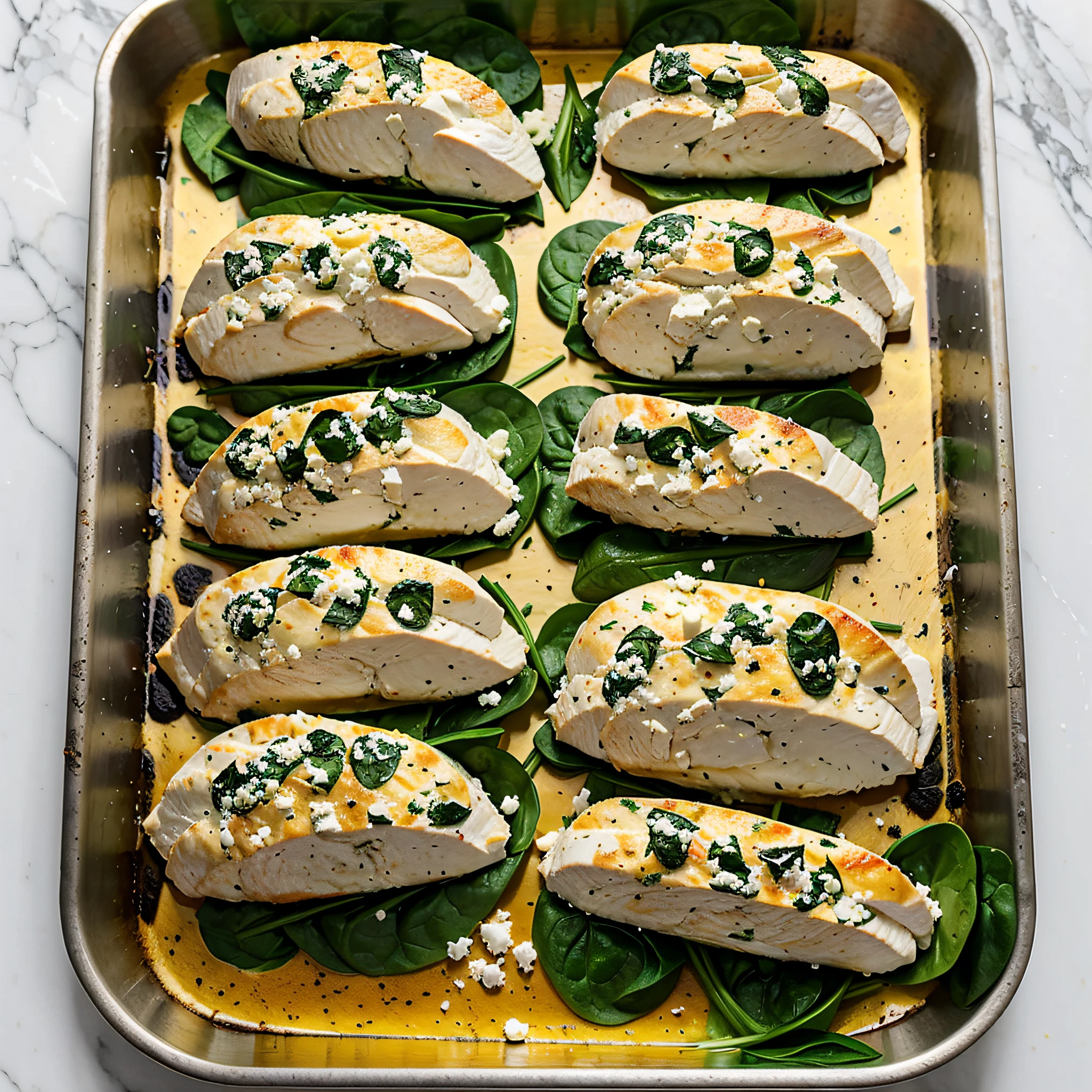 Spinach and Feta Stuffed Chicken Breast Stuff chicken breasts with a mixture of spinach and feta. Bake for 25 minutes until the chicken is cooked through.
