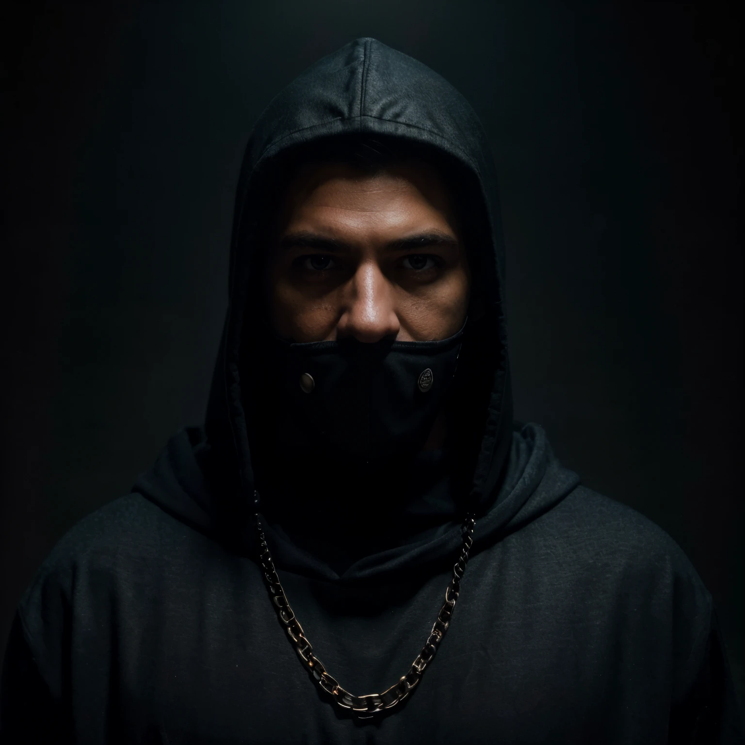 (best quality,highres,masterpiece:1.2),ultra-detailed,realistic,portrait,Jason mask,detailed hood,chain,men's fashion,dark atmosphere,cold color tone,studio lighting