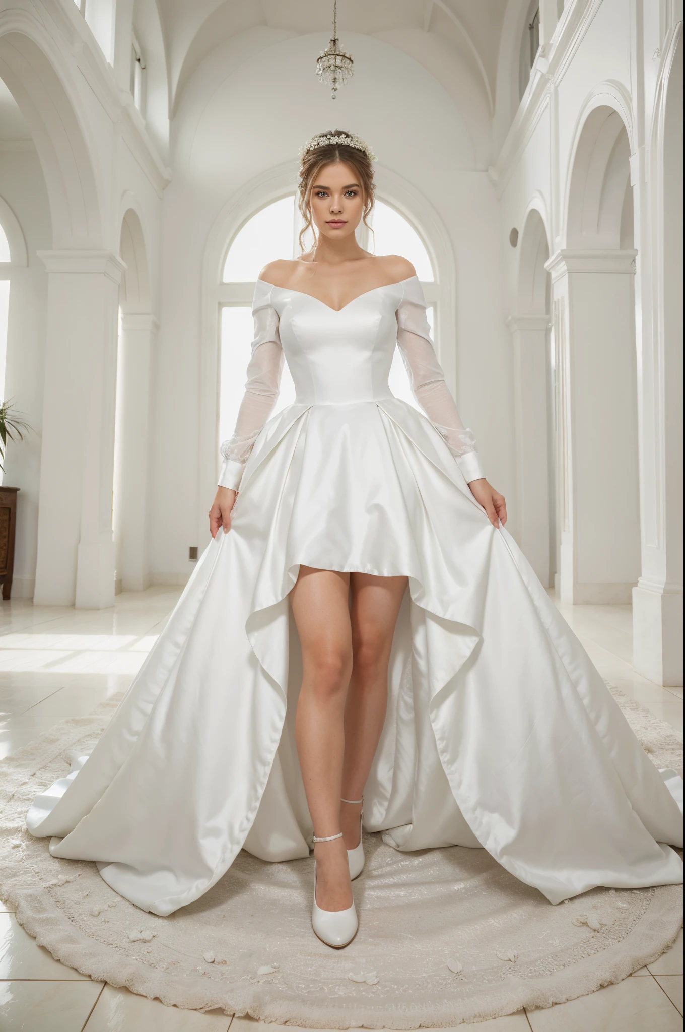 Top quality, Masterpiece, hyper HD, (Photorealistic: 1.4), RAW photo,ultra realistic, 1girl,Fashion model, unique ballgown white wedding dress, long-sleeve style, satin fabric, full body, in white room with indoor decorative palm tree,stand upright and look straight, white wedding shoes
