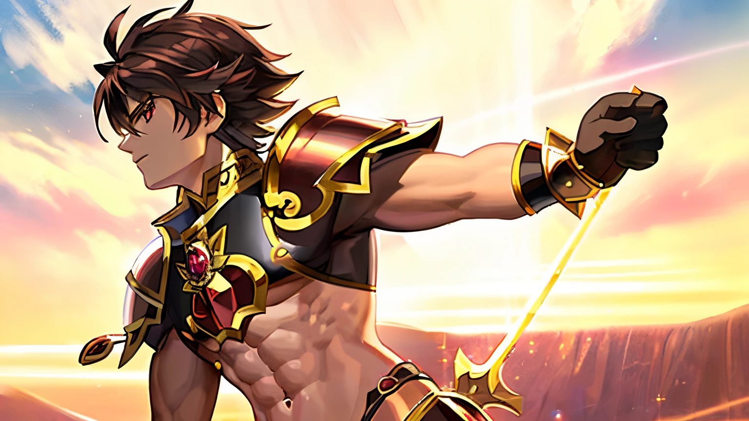 Close up portrait of man in black bikini holding sword, Knight of Zodiac Boy, Portrait Knight of Zodiac Boy, Boy with short red hair, Boy with brown eyes, Muscular men, masculine and muscular, In garnet armor, Bikini Armor Boy, Boy in belly button costume, Enchanting Prince Night, Smooth Anime CG Art, Prince Knight, Galactic Prince, big muscle, Prince of Garnet, Garnet reflective armor, Crystal Garnet Armor, digital manga art, High quality anime art style,