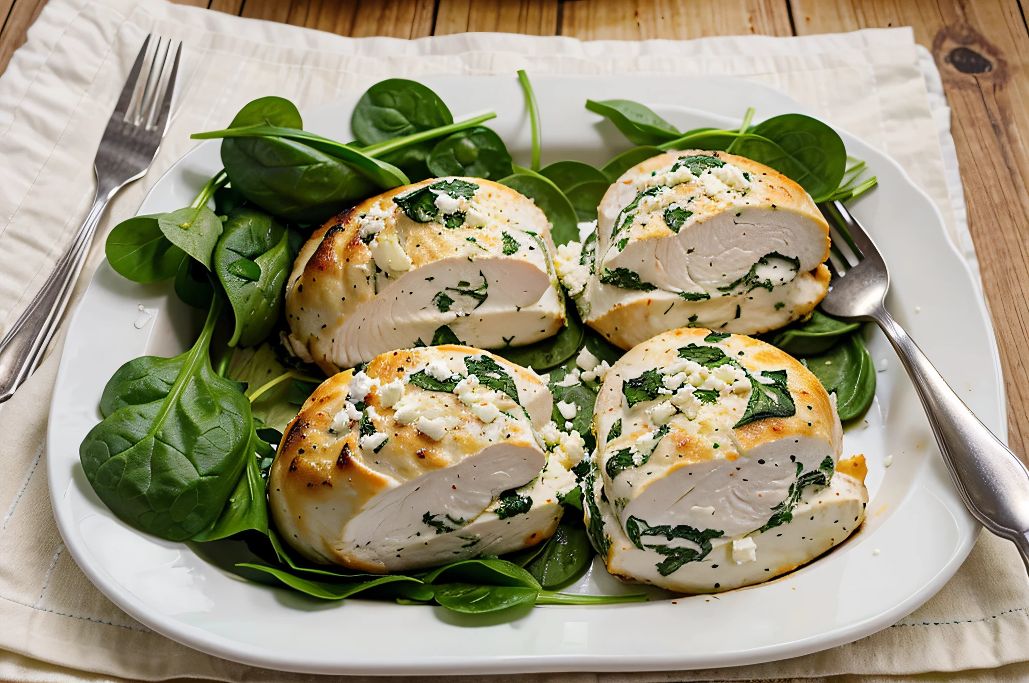 Spinach and Feta Stuffed Chicken Breast Stuff chicken breasts with a mixture of spinach and feta. Bake for 25 minutes until the chicken is cooked through.