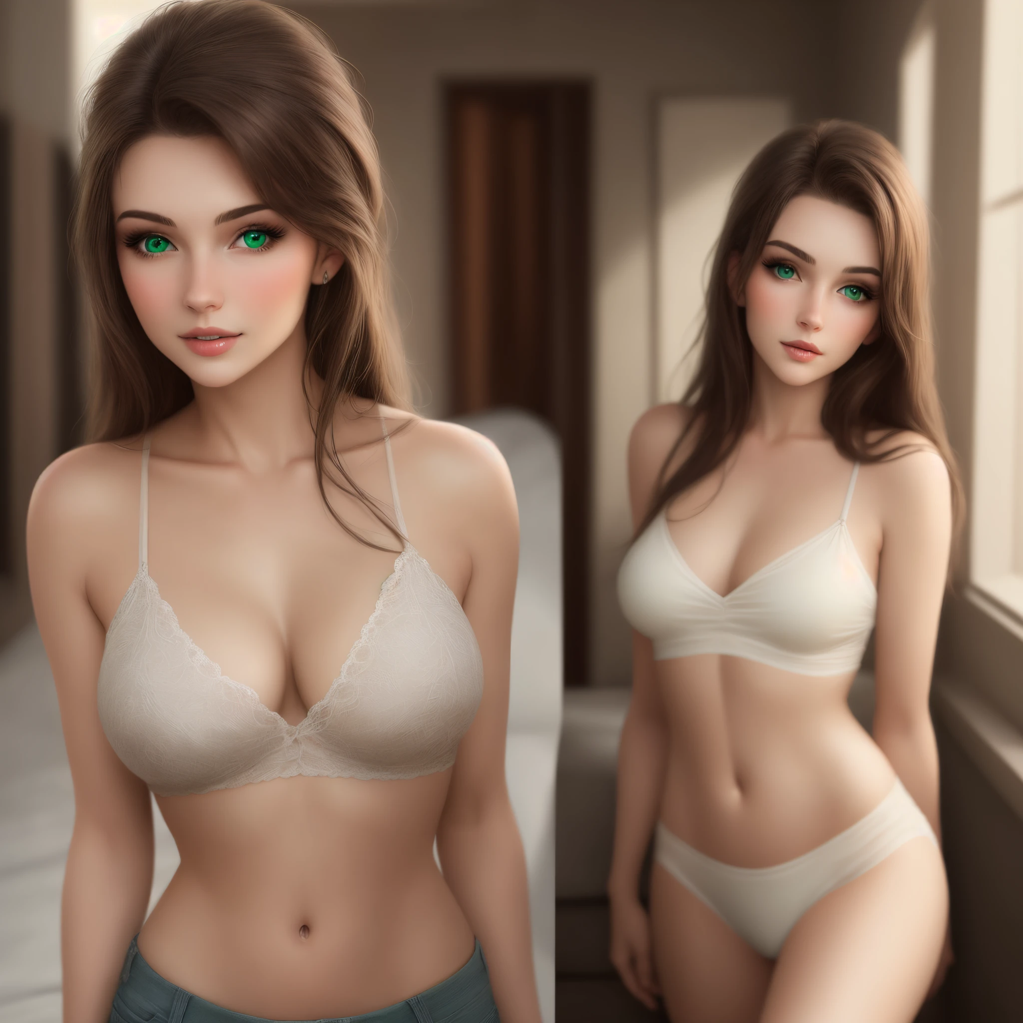 Realistic beautiful woman around age 21 brunette with green eyes, skinny