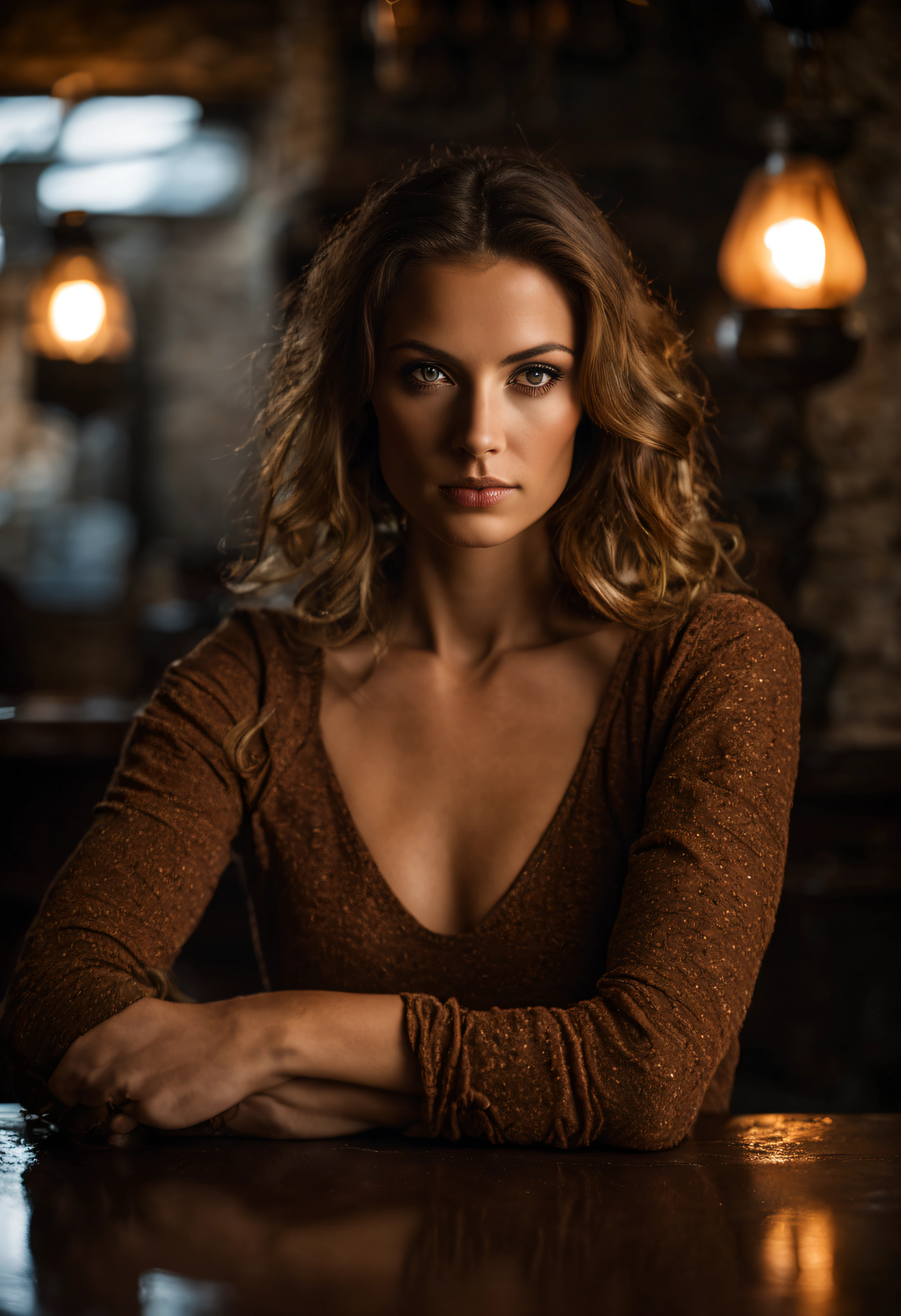 sharp focus, 16K digital photo of woman in a brown top posing for a picture, photography portrait, fashion portrait photo, dark atmosphere stone wall tavern, detailed eyes, face and skin, glass tankard of ale on her table, (subsurface scattering:0.7)