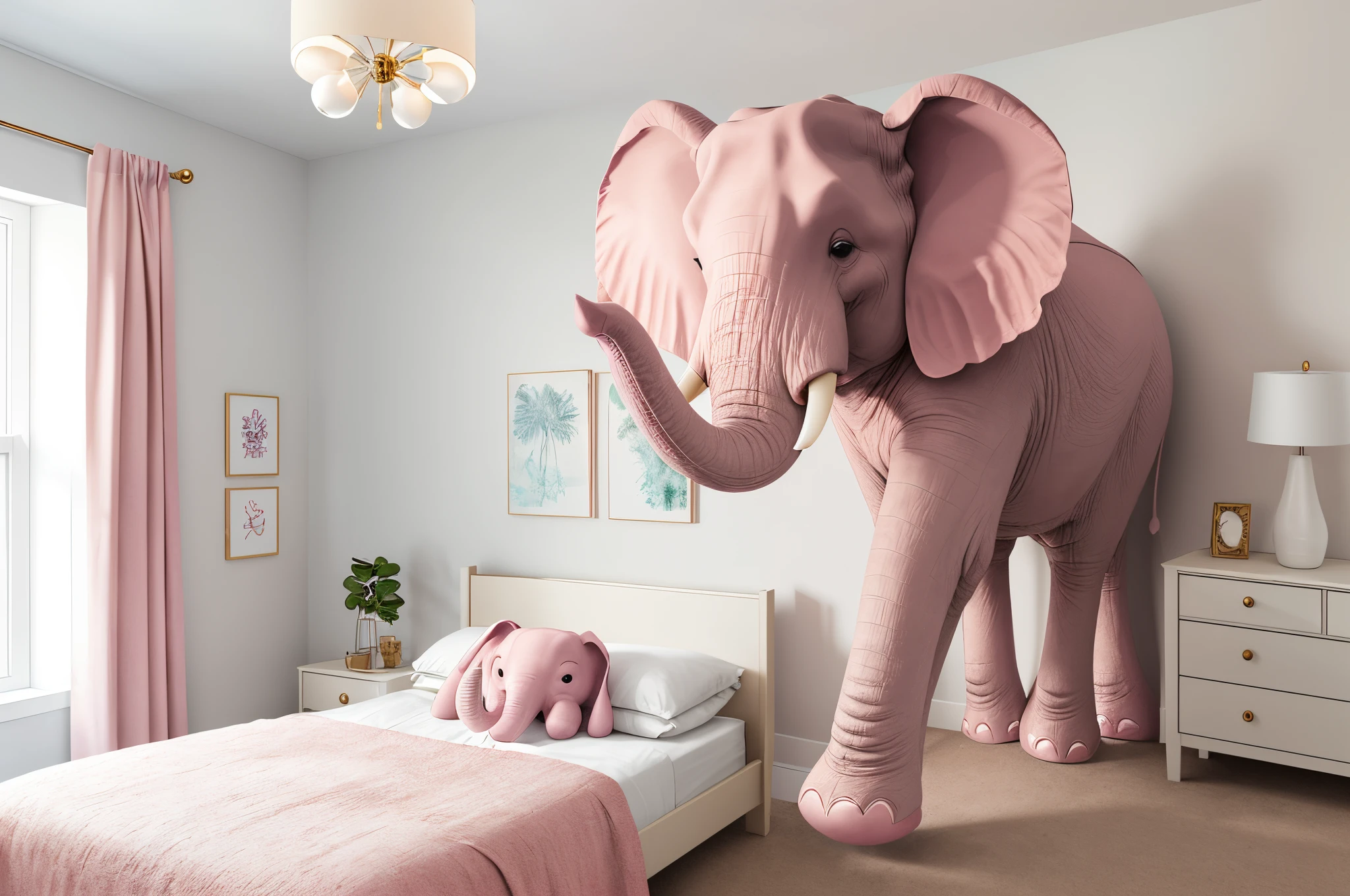 A literal pink elephant in a bedroom