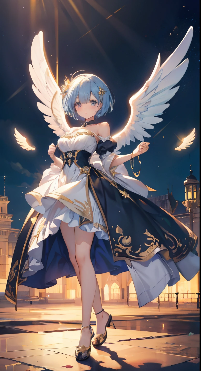 Ultra-realistic photo of a girl in a majestic white and golden ball gown dress, Big beautiful dress, Complex puffy ball gown with lots of frills and rhinestones (Best Quality, masutepiece, ((Angel wings:1.2))。 art stations, Fantasy Art:1.2), Palace rooms, Beautiful cute girl, Rem of Rezero、(Blue shorthair:1.3), Bangs hide one eye、(Complex short gold skirt, Bare legs:1.2, Full body shot)、very Bigger breasts、Height 150cm、Beautiful eyes、A detailed eye、