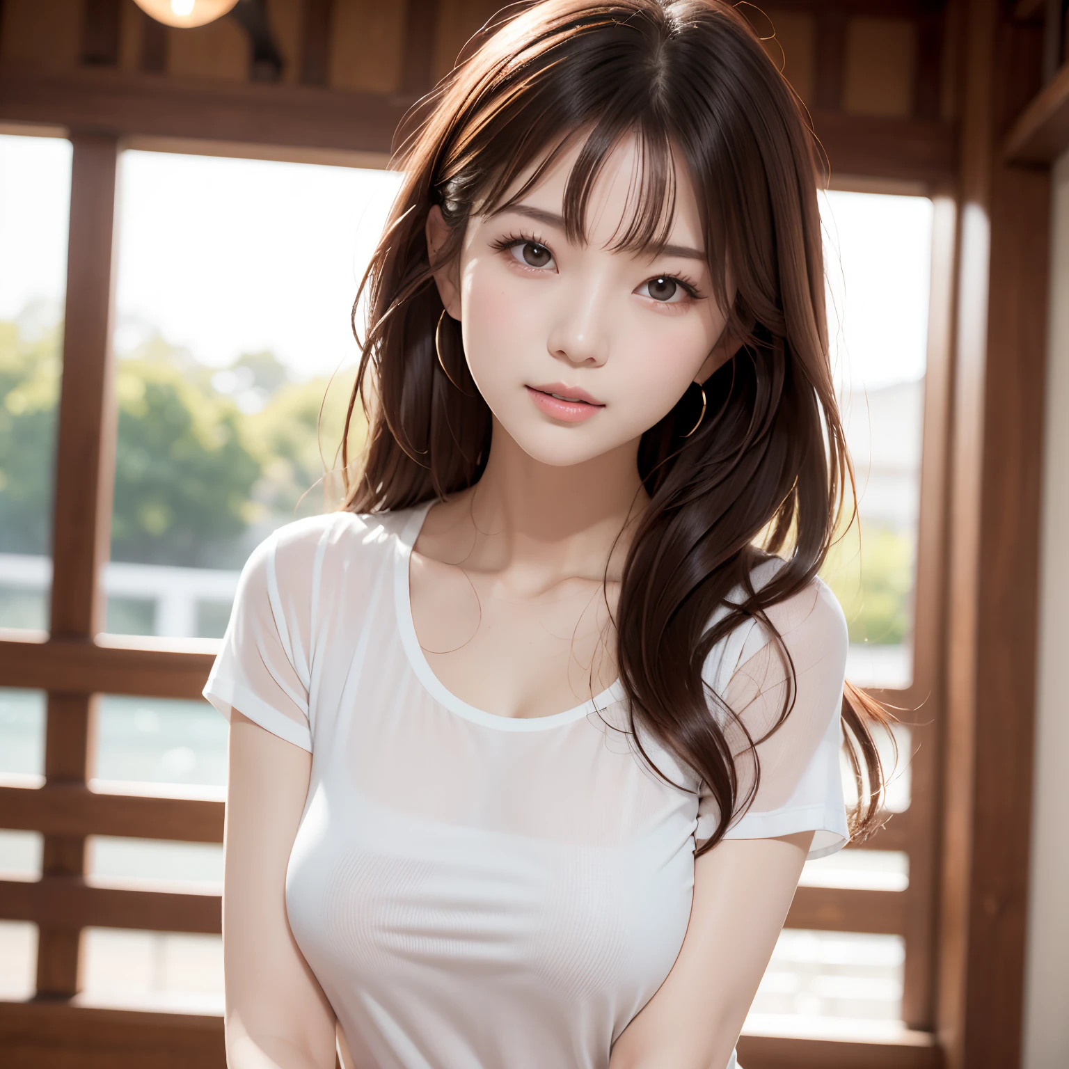 Asian, Beautiful, slender, Cute, 30s, Beautiful face, Beautiful skin, actress, Mature, Upper body, light brown hair, Fine hair, Live action, masutepiece, Best Quality, Very elaborate CG Unity 8K wallpaper, Ultra high definition, Casual Fashion, Lighting, Summer Fashion, (Natural brown hair: 0.8), (Puffy eyes), looking at audience, Turn around, Bleach Hair, model poses, White background, Delicate skin type, Fine curly hair, Hands around the mouth, White T-shirt, Hair model photography