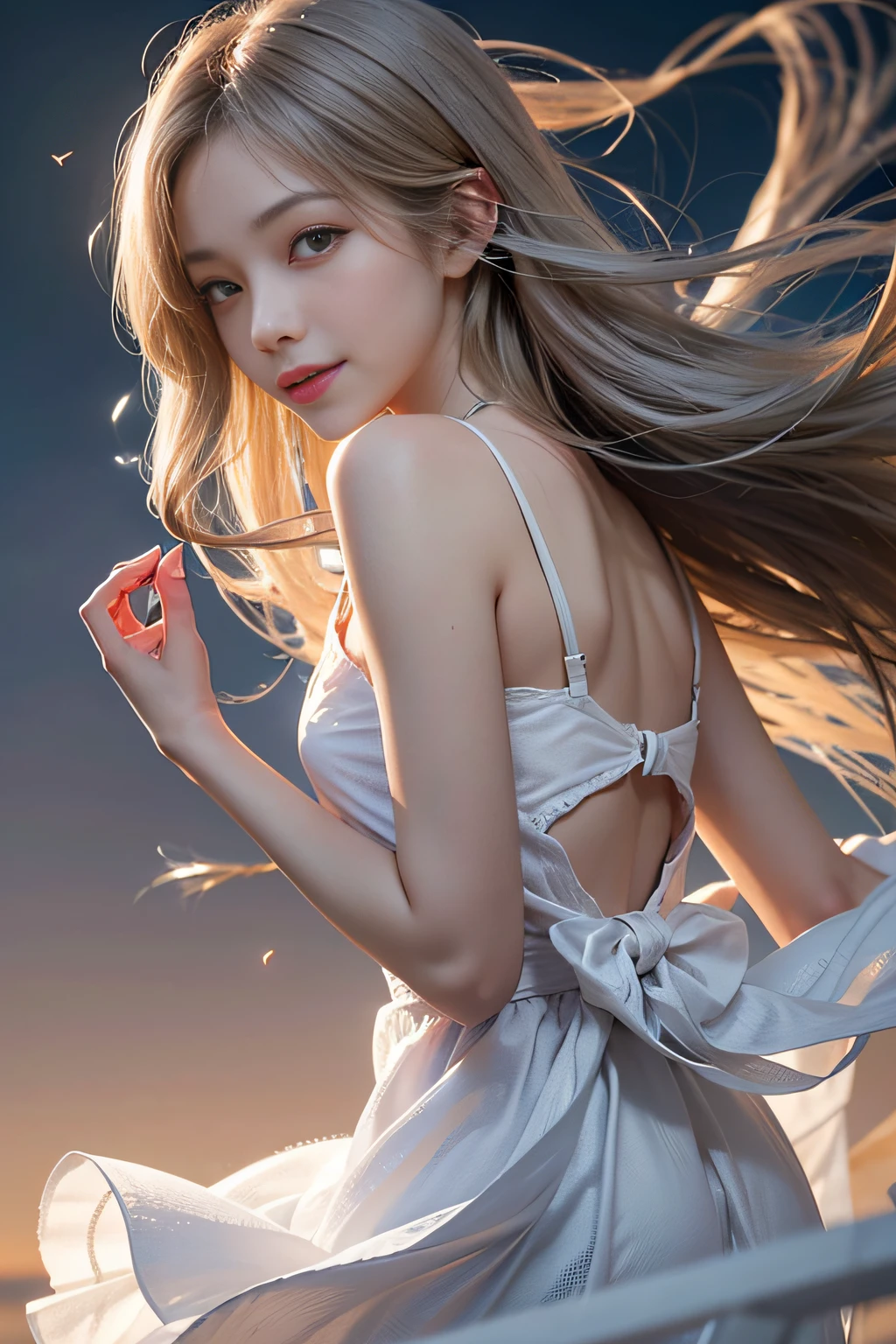 1girl in, Blonde hair, Grey Hair, Long hair, Bangs, Sparkling eyes, longeyelashes, PUPILS SPARKLING, makeup, Smile, depth of fields, From below, silhuette, from behind, Wide Shot, wide angles, ultra wide-angle,、 F/1.8, 135 mm, canon, nffsw, retinas, masutepiece, ccurate, Anatomically correct, Textured skin, Super Detail, high details, High quality, Best Quality, hight resolution, 1080p, hard disk, 4K, 8K、(Woman walking on the beach at sunset)Backlit silhouette、(Translucent white dress),((I can see the silhouette of my body through the light)),(Hair fluttering in the wind)、(Skirt soars in the wind)、