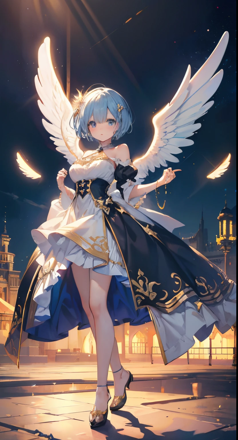 extra detailed face, Perfect Lighting, extremely details CG, 4K、8K、be shy、mournful smile、(Perfect hands, Perfect Anatomy)、Ultra-realistic photo of a girl in a majestic white and golden ball gown dress, Big beautiful dress, Complex puffy ball gown with lots of frills and rhinestones (Best Quality, masutepiece, ((Angel wings:1.2))。 art stations, Fantasy Art:1.2), Palace rooms, Beautiful cute girl, Rem of Rezero、(Blue shorthair:1.3), Bangs hide one eye、(Complex short gold skirt, Bare legs:1.2, Full body shot)、very Bigger breasts、cleavage of the breast、Nipples show through、White panties、(Clearly visible detailed female pubic shape: 1.4)、skirt rift、Thin leg、Skinny Legs
