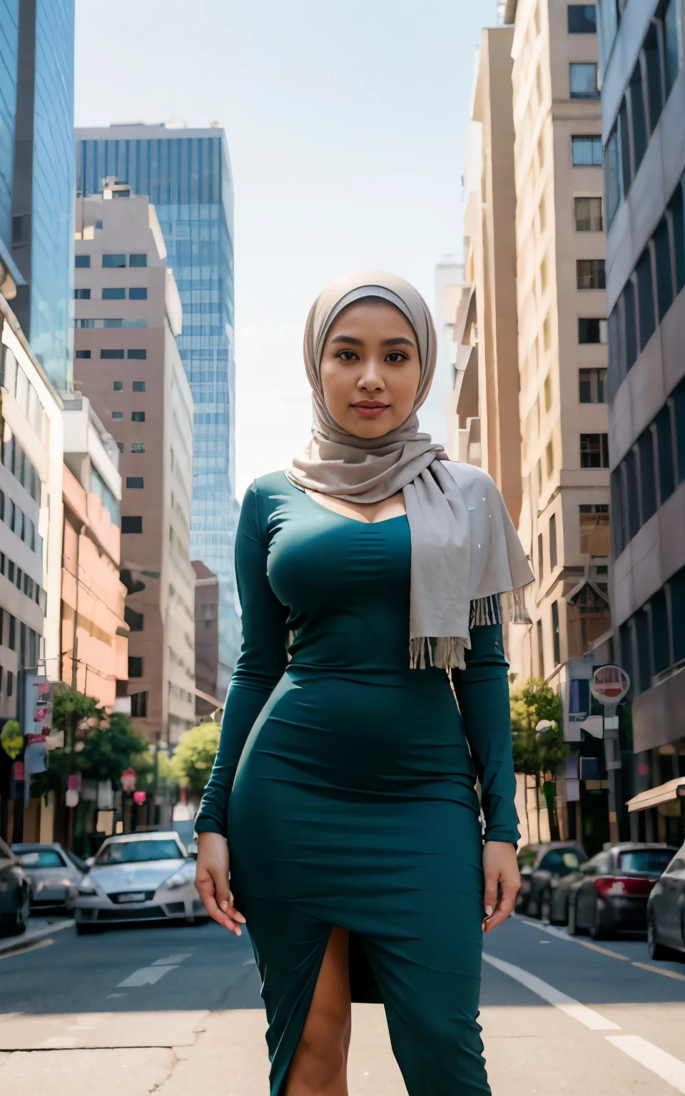RAW, Best quality, high resolution, masterpiece: 1.3), beautiful Malay woman in hijab,wearing pencil dress, perfect slim fit body, (big breasts), big gorgeous eyes, Soft smile, shairband, afternoon walk, City street,((bokeh)),Excellent lighting, Bright colors, Clean lines, ((bokeh))