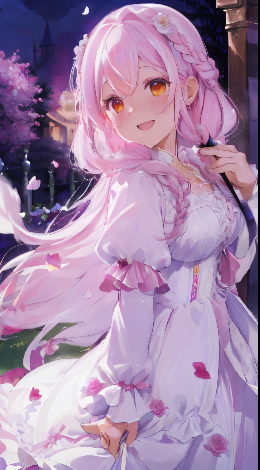 a moonlit night,Starry sky,rose garden,gate full of roses,garden palace,Pink, white, red and yellow roses,fluffy hair,Braids,rainbow-colored hair,Pure white luxurious voluminous dress,rainbow clothes,The hem of the dress is long enough to touch the ground.,The wind blows, Dry your hair and clothes with a hair dryer,petals are dancing in the air,Confetti,Slight red tide,they are laughing and dancing happily,dance,
