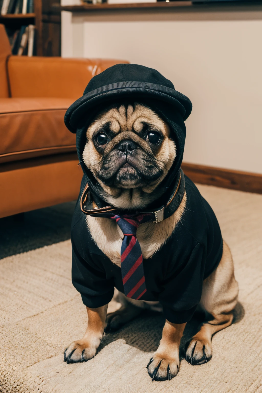 There is a dog wearing a hat，Wear a tie, he's wearing a hat, Animals in hats, Dress up as a scavenger, Wearing a cute hat, it's wearing a cute little hat, Dressed as a fisherman 🧥, Wearing a strange hat, r/much wow, With a hat on, Wearing a hood，Sitting on orange leather sofa，Anthropomorphic Pug,