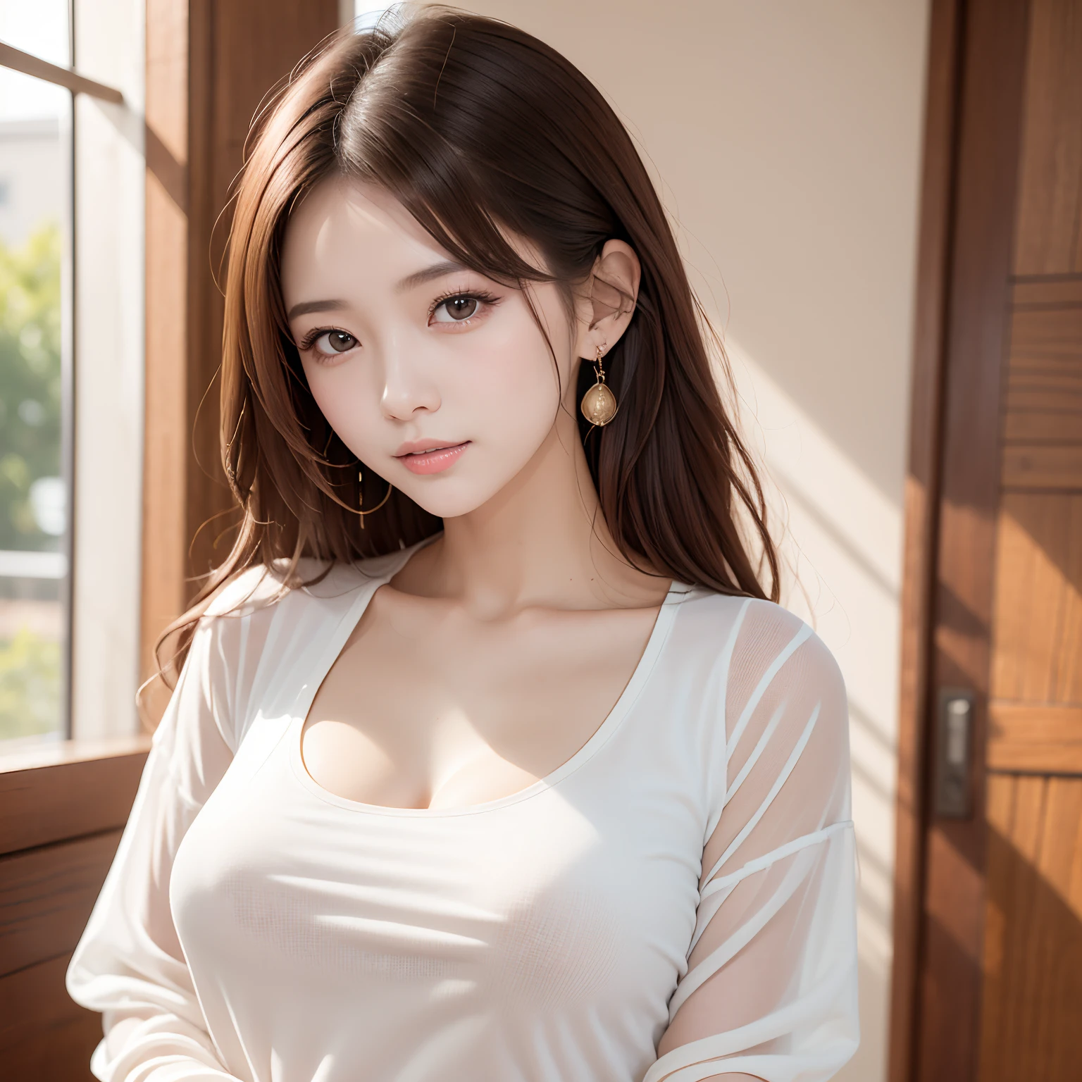 Asian, Beautiful, slender, Cute, 30s, Beautiful face, Beautiful skin, actress, Mature, Upper body, light brown hair, Fine hair, Live action, masutepiece, Best Quality, Very elaborate CG Unity 8K wallpaper, Ultra high definition, Casual Fashion, Lighting, Summer Fashion, (Natural brown hair: 0.8), (Puffy eyes), looking at audience, Turn around, Bleach Hair, model poses, White background, Delicate skin type, Fine curly hair, Hands around the mouth, White T-shirt, Hair model photography