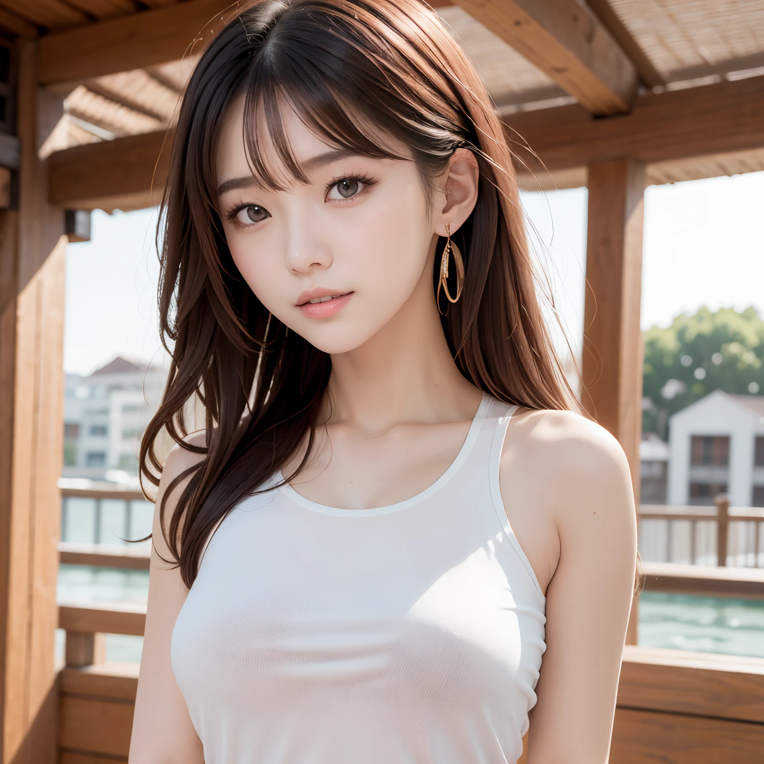 Asian, Beautiful, slender, Cute, 30s, Beautiful face, Beautiful skin, actress, Mature, Upper body, light brown hair, Fine hair, Live action, masutepiece, Best Quality, Very elaborate CG Unity 8K wallpaper, Ultra high definition, Casual Fashion, Lighting, Summer Fashion, (Natural brown hair: 0.8), (Puffy eyes), looking at audience, Turn around, Bleach Hair, model poses, White background, Delicate skin type, Fine curly hair, Hands around the mouth, White T-shirt, Hair model photography