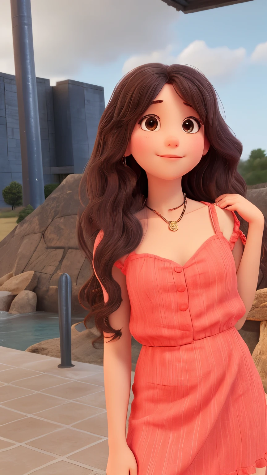 she is very cute The girl is relaxed and her hands are down. She is wearing a red dress and behind her is a blue sky.