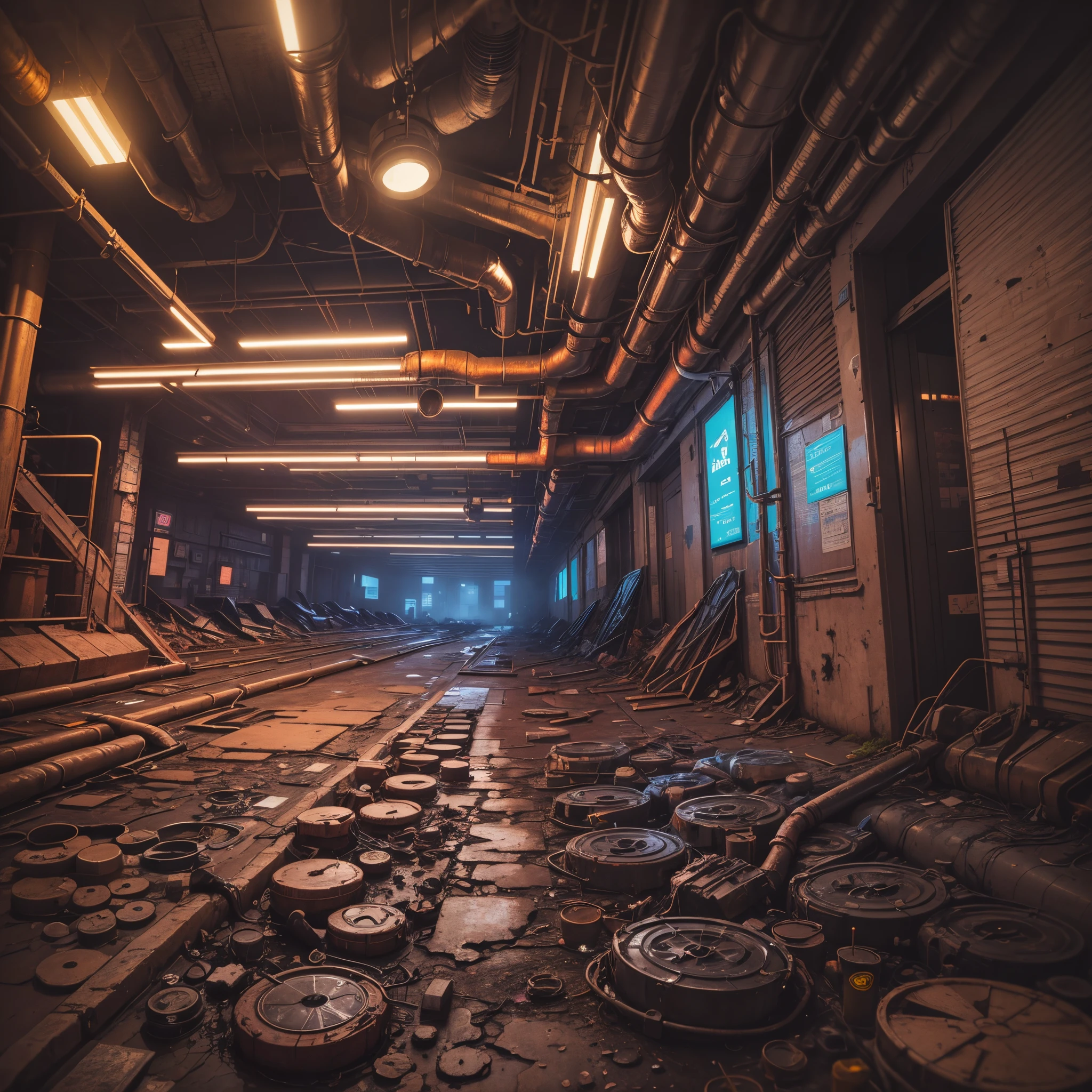 (cyberpunk factory), cracked concrete, pipes, vents, rust, night, colorful lighting --auto --s2