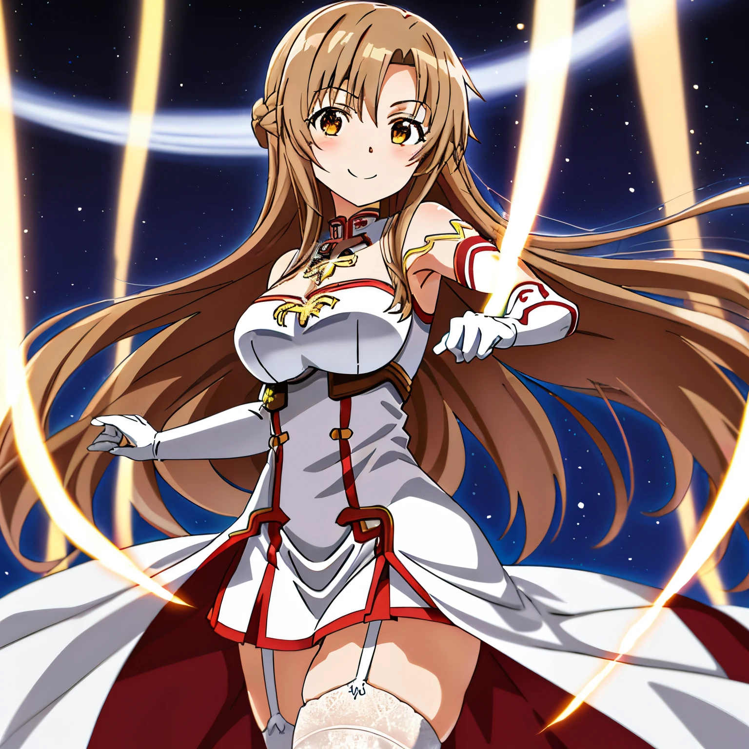 masuter piece, Best Quality, 超A high resolution, top-quality, Anime style, The best lighting, Beautiful face, Asuna Yuki, perfect anatomia, ultra-detailliert, 1girl in, Solo, breasts, athletic bodies, Good hands, Long hair, medium breasts, Looking at Viewer, Bangs, Brown hair, thighs thighs thighs thighs, gloves, Dress, cleavage, Bare shoulders, Brown eyes, Very long hair, cross one's legs, White Gloves, White Dress, white breastplate armor, white thighhig, garter strap, White armor, Face Focus, beautiful smiling face