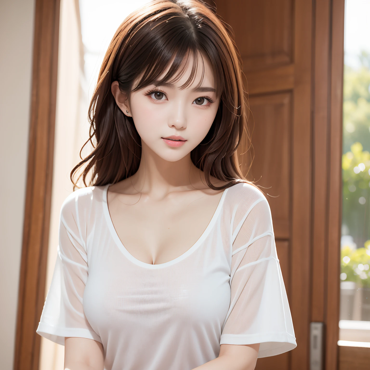 Asian, Beautiful, slender, Cute, 30s, Beautiful face, Beautiful skin, actress, Mature, Upper body, light brown hair, Fine hair, Live action, masutepiece, Best Quality, Very elaborate CG Unity 8K wallpaper, Ultra high definition, Casual Fashion, Lighting, Summer Fashion, (Natural brown hair: 0.8), (Puffy eyes), looking at audience, Turn around, Bleach Hair, model poses, White background, Delicate skin type, Fine curly hair, Hands around the mouth, White T-shirt, Hair model photography