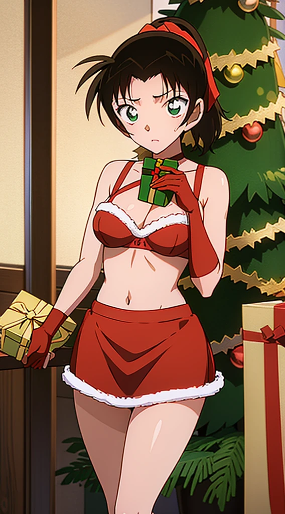 masterpiece, best quality, 1 solo girl, black hair, green eyes, long hair, wavy hair, Christmas ornaments, medium breasts, mature body and face, red christmas dress, christmas, christmas light, christmas tree, red gloves, red santa skirt, holding gift, red bra, red panty, leg up, cowboy shots, sexy pose, dakimakura, detailed body, face, and eyes, sharp focus, vibrant, creative, dynamic, high definition, high resolution, 8k, (Upscale: R-ESRGAN 4x+ Anime6B), (Image enchance:4x), voluptuous body, ponytail