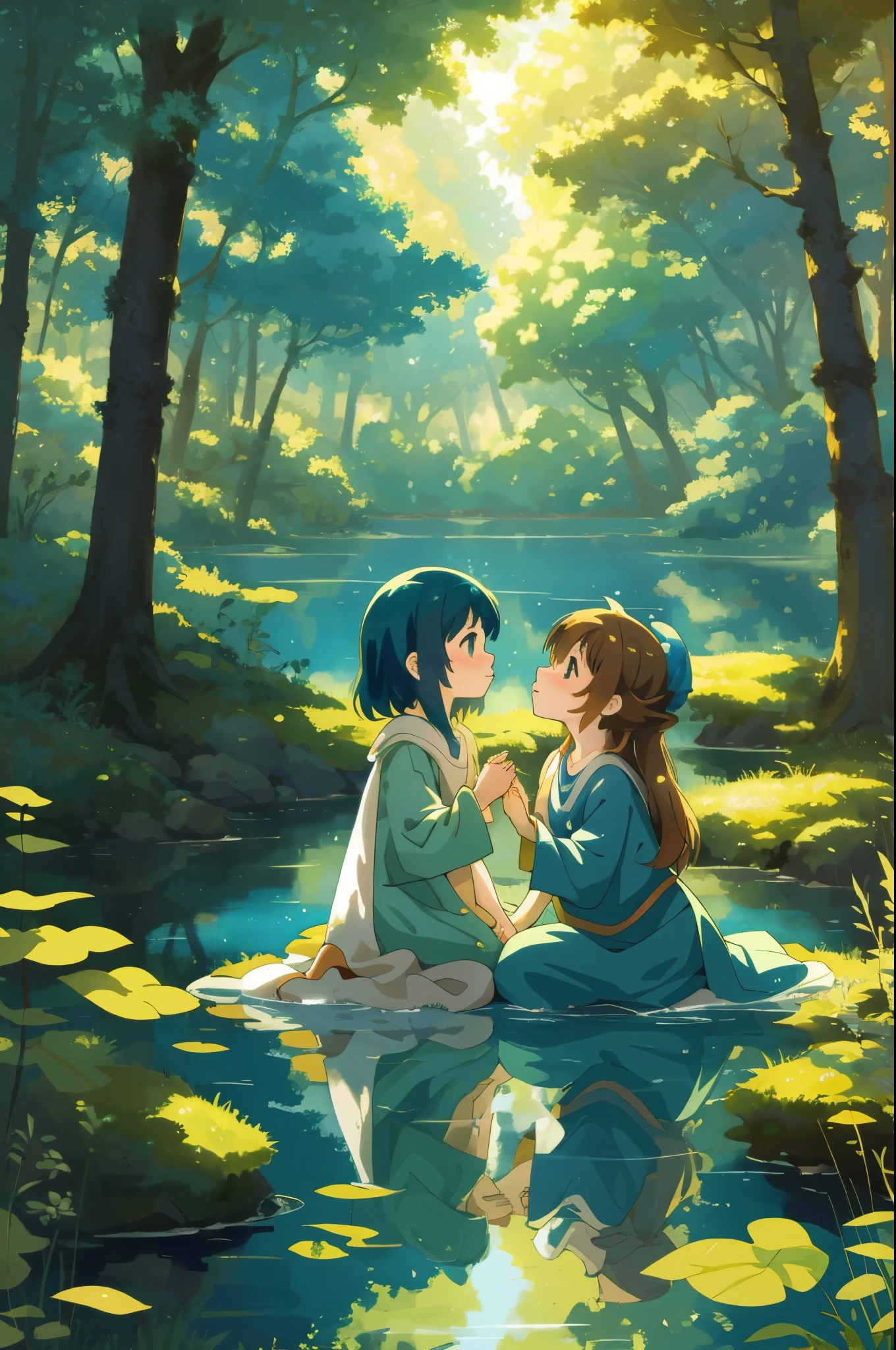 cover page, anime key visual, highres, top quality, best quality, paid reward available, High-quality illustrations, unparalleled masterpiece, perfect artwork, absurdres, Gentle scene, animated style, young girl, tenderly petting, head, body, newly hatched, baby dragon, lush forest, dense, lake, enchantment, magic, strong bond, friendship, rich colors, vibrant, magical environment, forest, lake, soft lighting, dappled, dreamlike, peaceful atmosphere, cinematic lighting,
