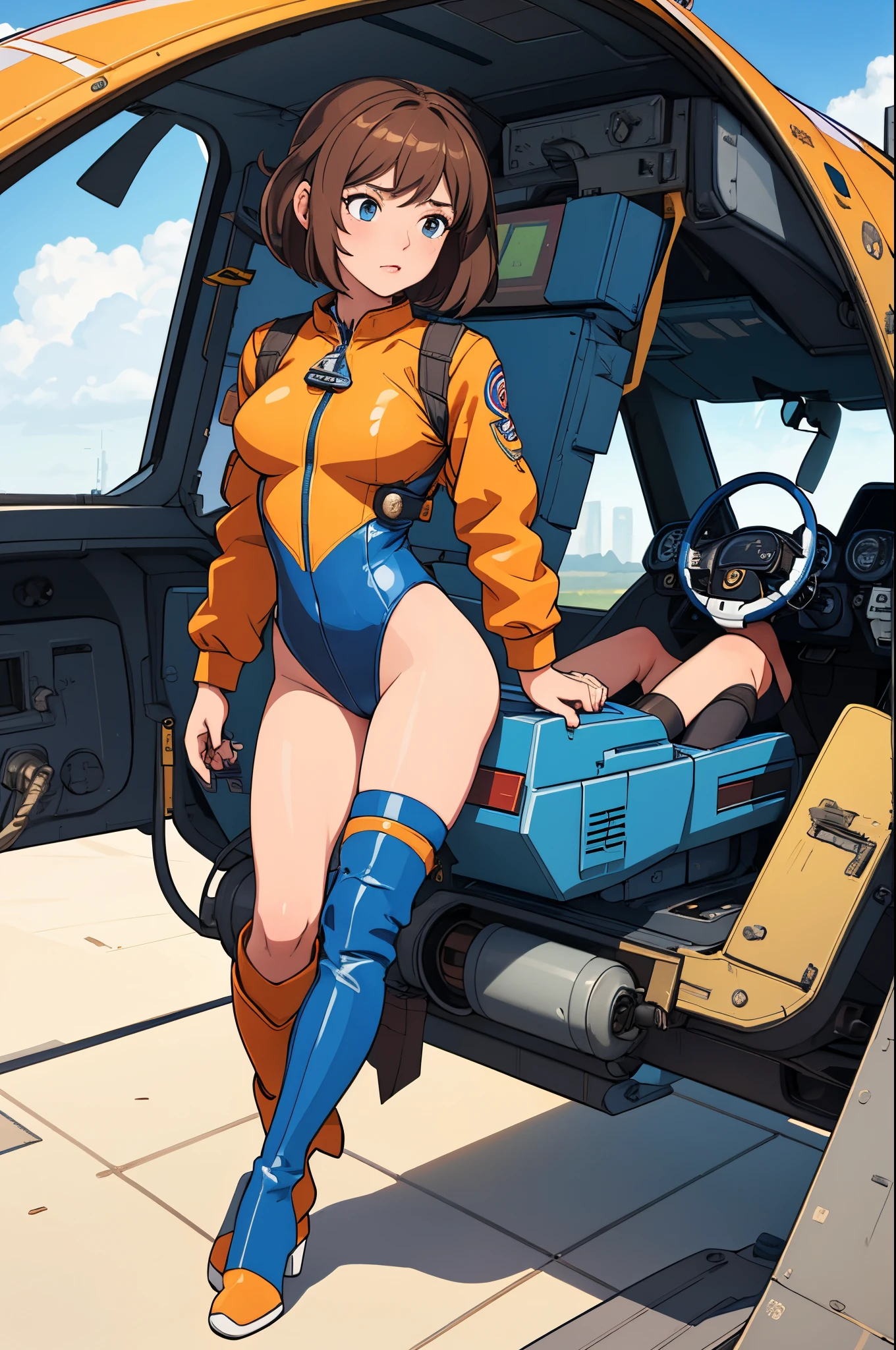 (masterpiece),( best quality), 1girl, pilot, flying helicopter, from cockpit, leotard, bare legs, knee boots, matching boots