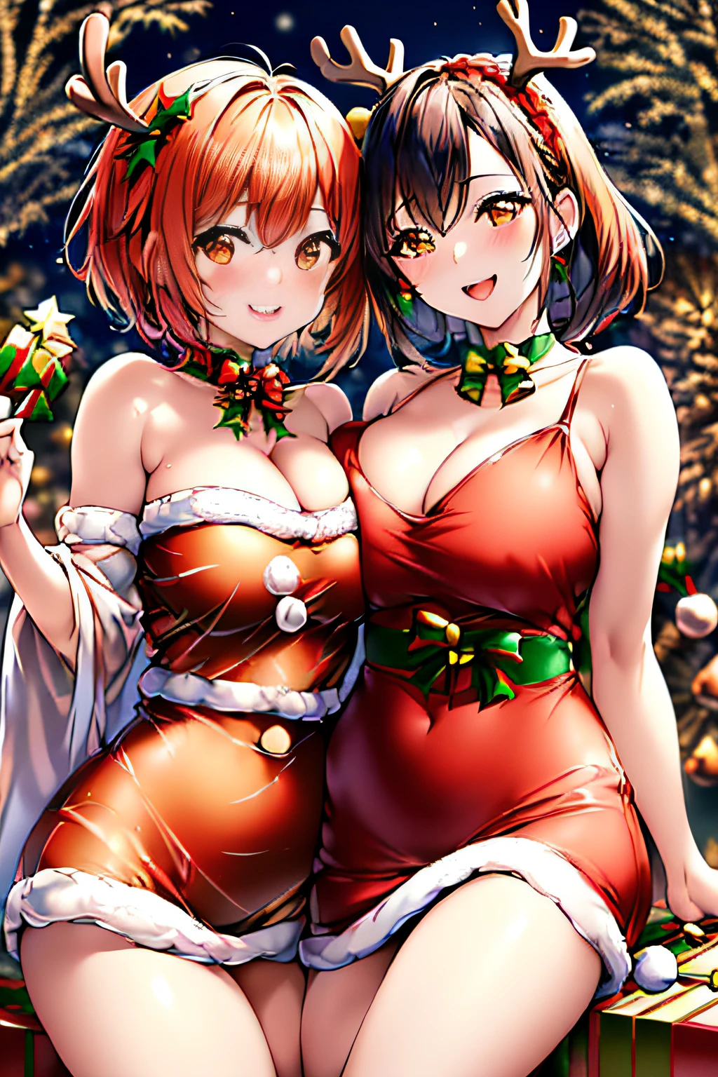 (((Chibi Chara:1.3))),(((Gorgeous Christmas illuminations on street trees:1.3))),christmas tree night lighting,(((Wallpaper of two women enjoying Santa Claus cosplay and cute reindeer cosplay:1.3))),a miniskirt,(The white part of the costume looks like fluffy snow,The red part is made of luxurious velvet material.).off shoulder with sleeves,(Emphasis on large breasts:1.3),(Short hair with shiny silver and orange stripes,Ponytail twisted buns adorned with elaborate braids and beads,Braided Setup Fishbone Hair,),(Bangs are see-through bangs),with round face,An attractive woman with a natural smile and charming expression,Transparent skin,(The 8k quality,masutepiece,top-quality,Ultra-high resolution output image,),(Highly detailed raw photos:1.3),(Image Mode Ultra HD),
