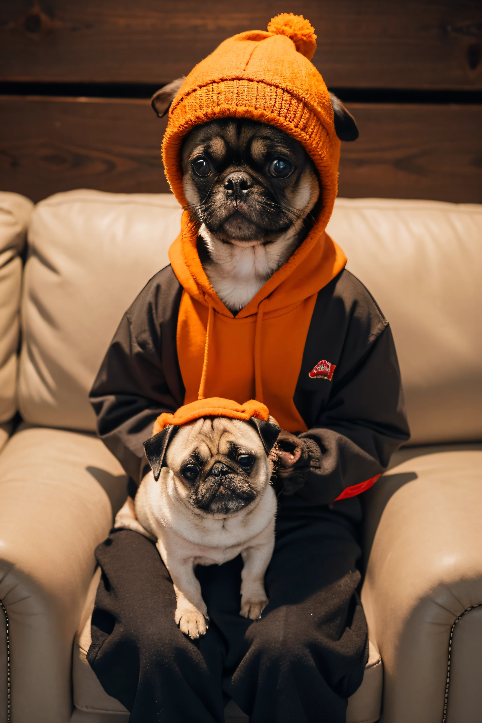 There is a dog wearing a hat,Wear a tie, he's wearing a hat, Animals in hats, Dress up as a scavenger, Wearing a cute hat, it's wearing a cute little hat, Dressed as a fisherman 🧥, Wearing a strange hat, r/much wow, With a hat on, Wearing a hood,Sitting on orange leather sofa,Anthropomorphic Pug,