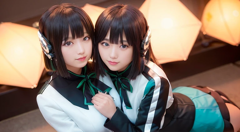 two beautiful young women hugging each other in a studio shot stock photo, two girls, two beautiful women in love, woman holding another woman, beautiful gemini twins portrait, lesbian embrace, cute girls, lesbians, two women, two models in the frame, portrait of women embracing, beautiful gemini twins, young girls, 2girl, twin, hug each other, two same girl, selfcest, twins, izu, izu_uniform, humagear, humagear_headset, headphone, realistic, skirt, jacket, solo, sitting, best quality, photorealistic, masterpiece, 8k, high res, solo, (((woman))), (very breast), ((looking at the viewer with face)), (looking at the camera:1), (short hair), bob hair, (professional lighting, bokeh),top angle view, extremely detailed face, fashionable and trendy atmosphere, japan, street, tokyo, factory, ((daytime)), (portrait:0.6), seductive and smile, gorgeous, floating hair, (light particles, lens flare, glowing particles:0.6), (dynamic pose:1.2), soft lighting, black hair, full body, smile, camera, blue eye, pantyhose, black nail