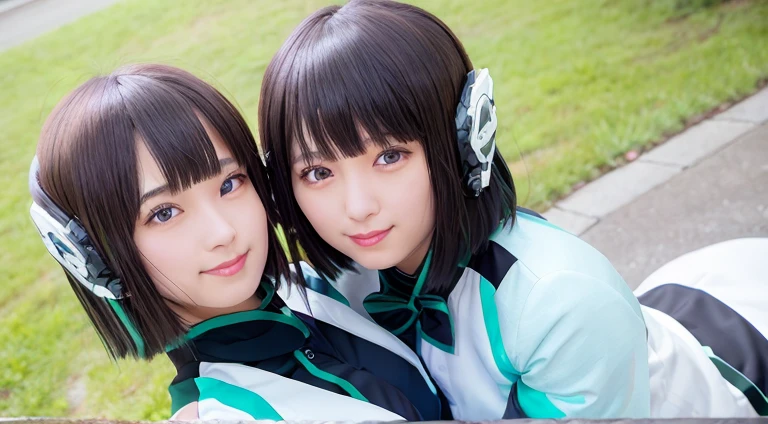 two beautiful young women hugging each other in a studio shot stock photo, two girls, two beautiful women in love, woman holding another woman, beautiful gemini twins portrait, lesbian embrace, cute girls, lesbians, two women, two models in the frame, portrait of women embracing, beautiful gemini twins, young girls, 2girl, twin, hug each other, two same girl, selfcest, twins, izu, izu_uniform, humagear, humagear_headset, headphone, realistic, skirt, jacket, solo, sitting, best quality, photorealistic, masterpiece, 8k, high res, solo, (((woman))), (very breast), ((looking at the viewer with face)), (looking at the camera:1), (short hair), bob hair, (professional lighting, bokeh),top angle view, extremely detailed face, fashionable and trendy atmosphere, japan, street, tokyo, factory, ((daytime)), (portrait:0.6), seductive and smile, gorgeous, floating hair, (light particles, lens flare, glowing particles:0.6), (dynamic pose:1.2), soft lighting, black hair, full body, smile, camera, blue eye, pantyhose, black nail