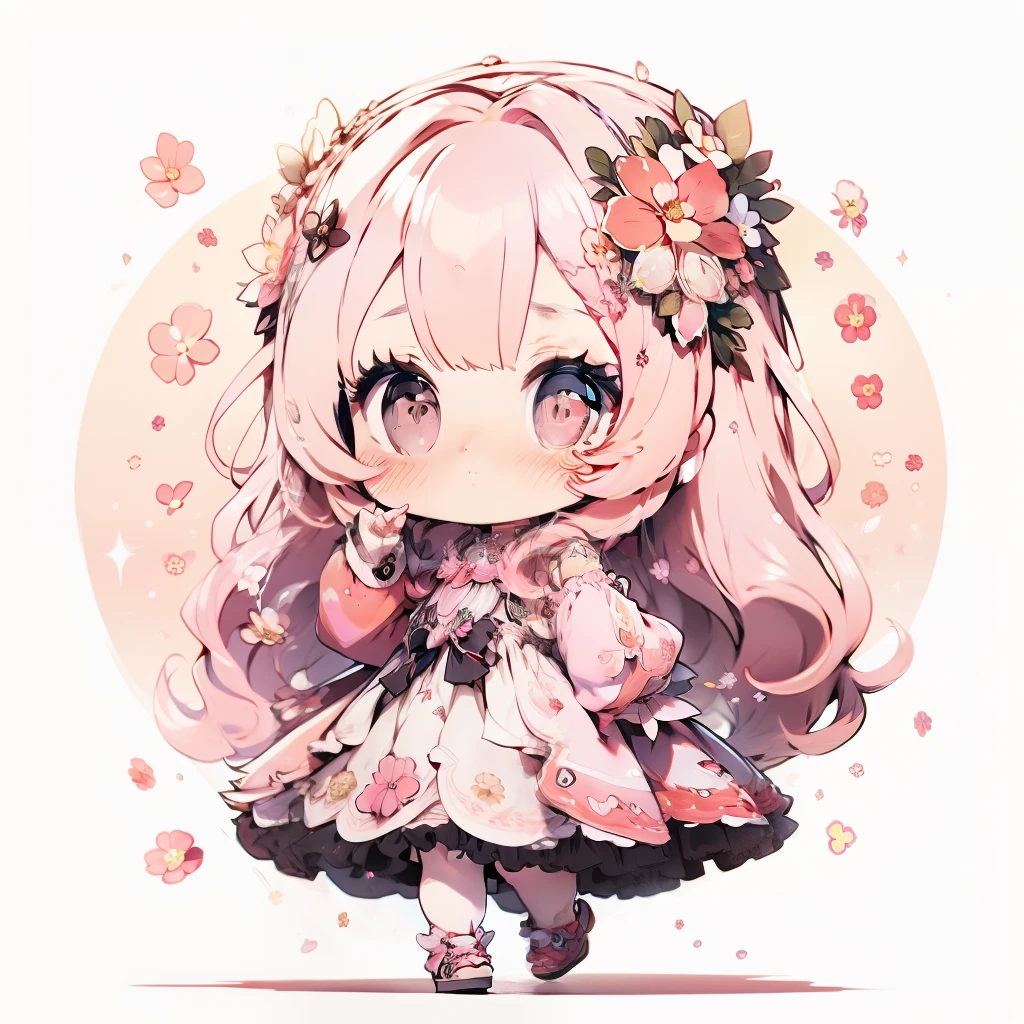 A pretty chibi girl with long pink hair, morning vision, looking at flowers,  sparkling simple make up,  high quality pictures, wearing a flowery dress