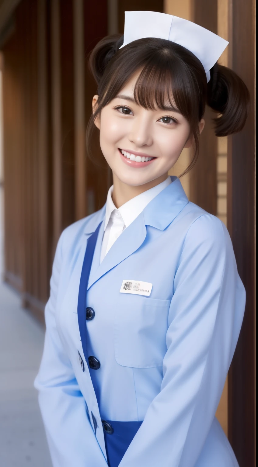 poneyTail、The face is a hostess、Dress is nurse uniform、hiquality、A hyper-realistic、healthy、Smiling expression、Slender perfect figure、Japan beauties、beautidful eyes、face perfect、Beautiful skin、The background is the library、up of face