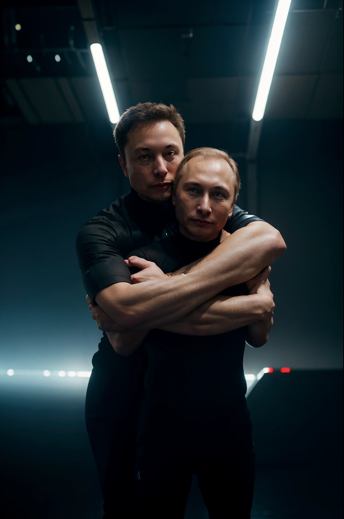 elon musk hugging vladimir putin, , super sensitive to the viewer's view, Disney Pixar style, hero gesture, intricate and dystopian environment, perfect depth of field, PROLONGED LIGHT STYLE