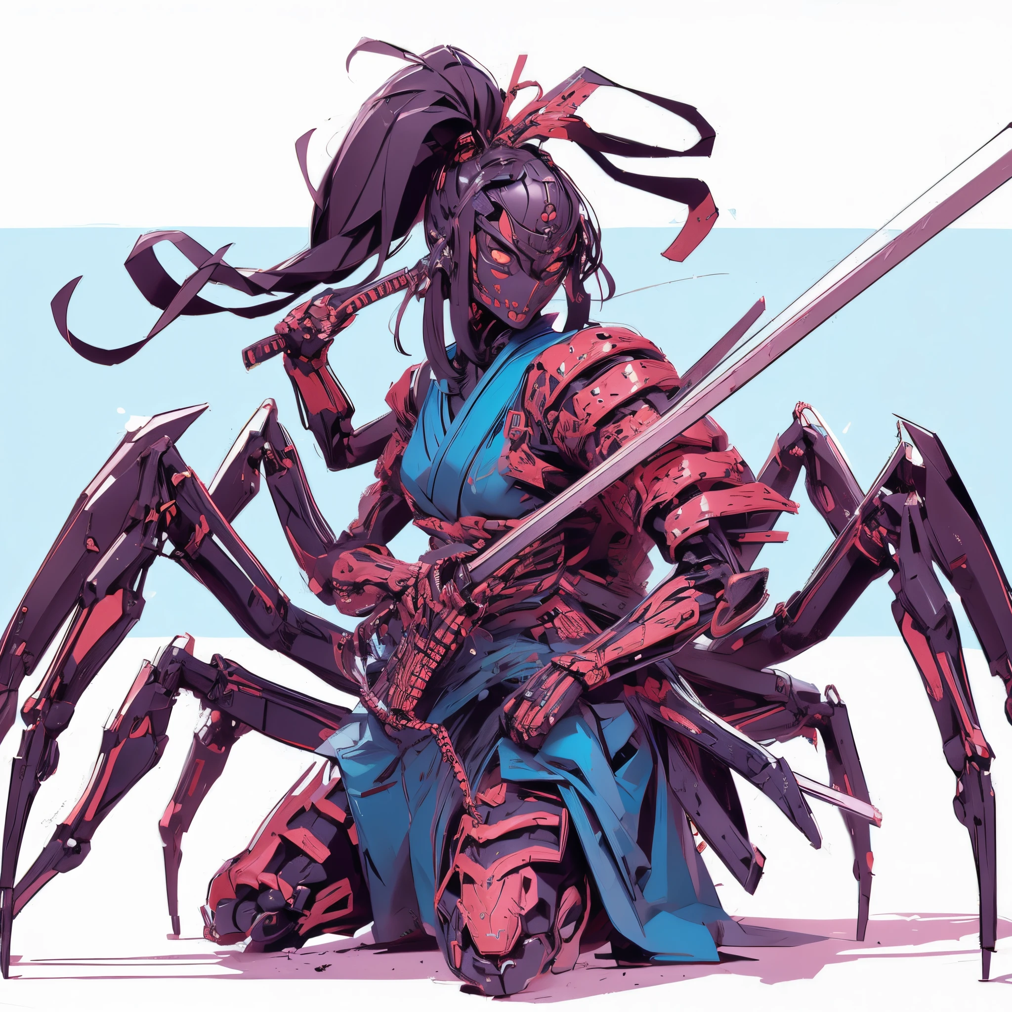 Samurai Girl. Armor fused with spider. Kunoichi. prepare a sword. Spider legs.