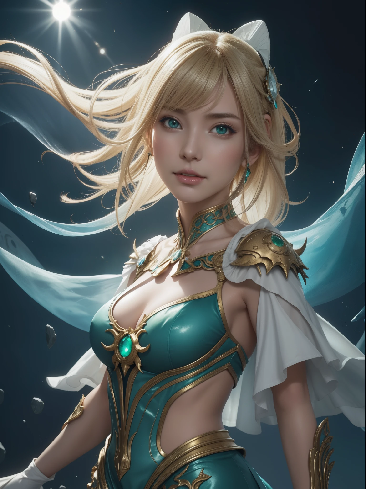 hightquality、8K、Ulutra HD、fullllbody、1 16 years old Beauty woman、Gentle smile、Rich facial expressions、white dress、beauty legs、randome pose、Golden hair、Her eyes are emerald green、spotlight on face、mechanical stage costumes、(The background is Alien City、Sci-Fi Isekai)、rays of moonlight、cute little、Beautiful fece、portlate、art by:Alberto Seveso、Abstract art style、Complex and intricate watercolor painting 、digitial painting、concept-art、Volumetric lighting、TanvirTamim、metal reflective、2d render、Art Germ、Trending on ArtStation
