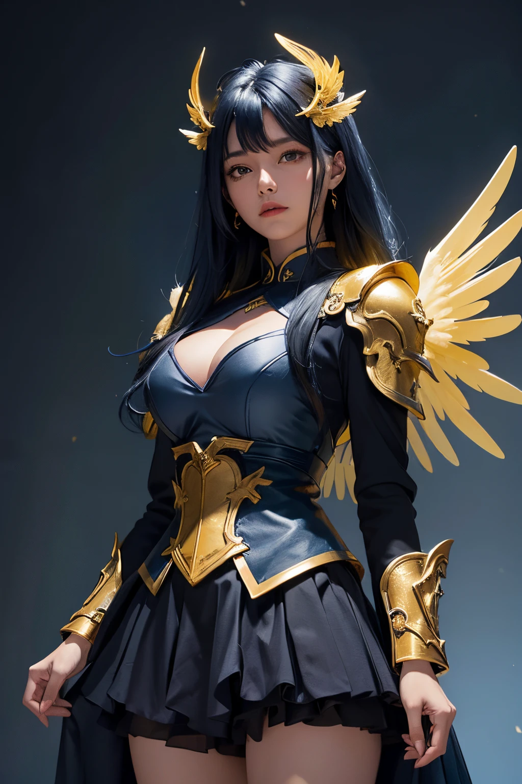 Angel in the sky,dark blue hair,yellow wing,dark blue and yellow costume and armor