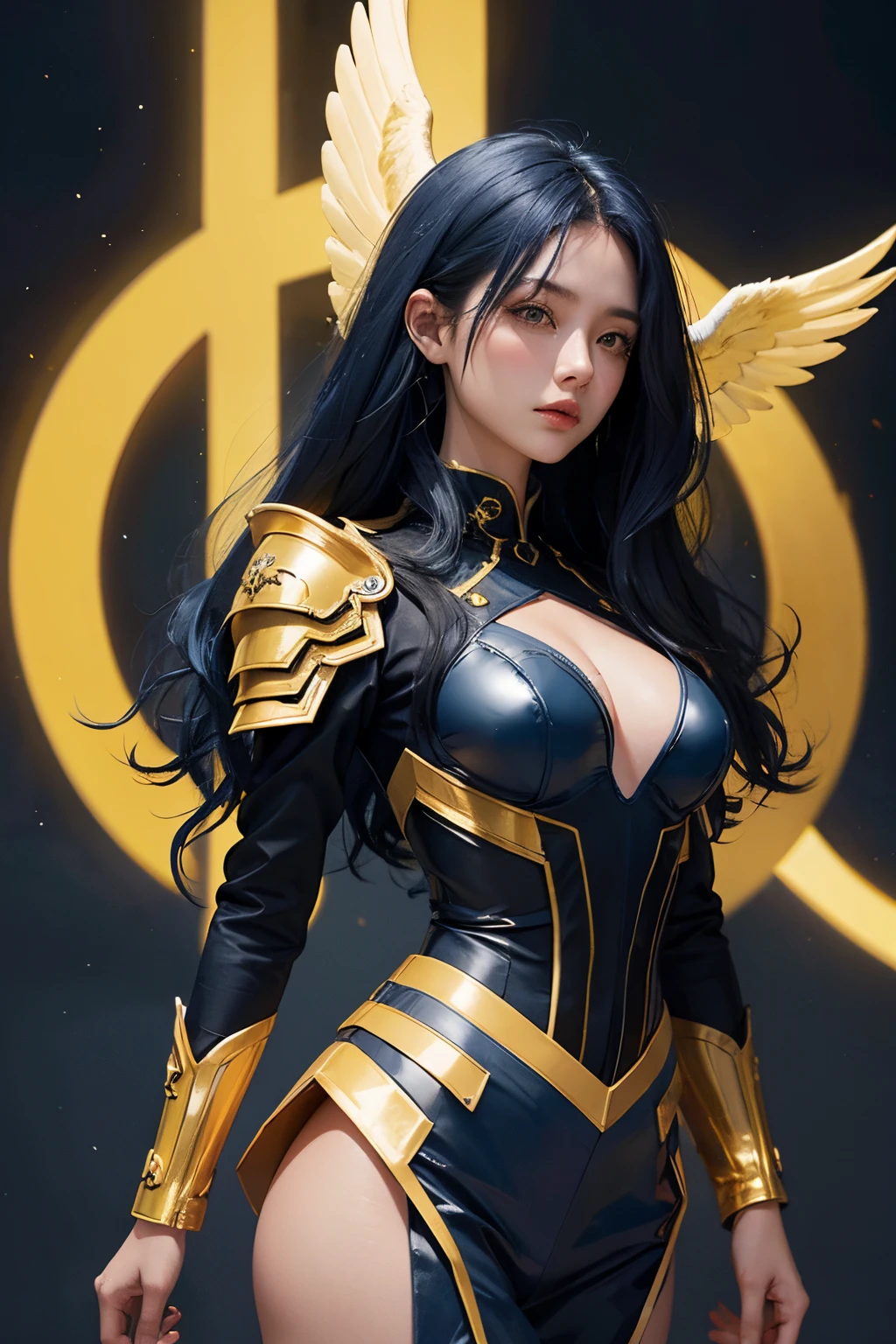 Angel in the sky,dark blue hair,yellow wing,dark blue and yellow costume and armor