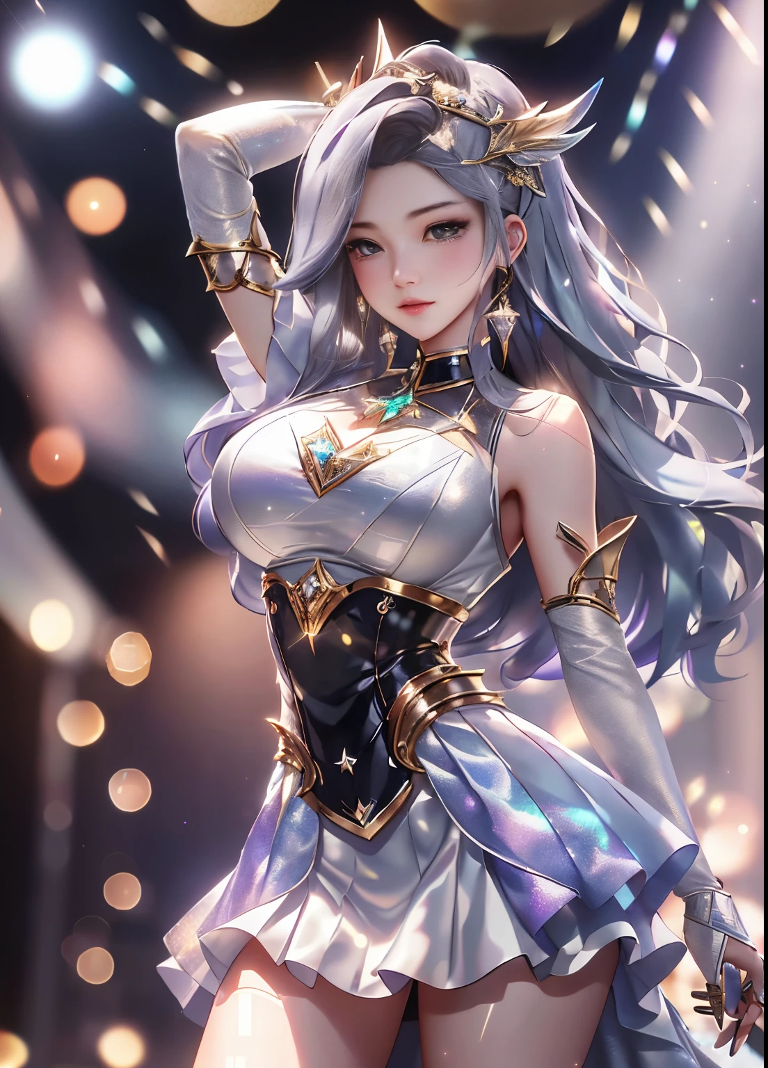 Clean and simple background,(singing with a microphone:1.5),1个Giant Breast Girl,sing,concert,fulfill, K/big breasts and big breasts\(league of legend\), 独奏, Long gray hair, Short hair details, Straight dress,idoly,Stage costumes,Come on stage,Cinematic, concert lights, dynamic angle, Beautiful and detailed light, Full body lesbian, cow boy shot, dreamy glow, (bokeh:1.5),tmasterpiece, ultra-detailliert, Epic work, Best quality at best, 4K,