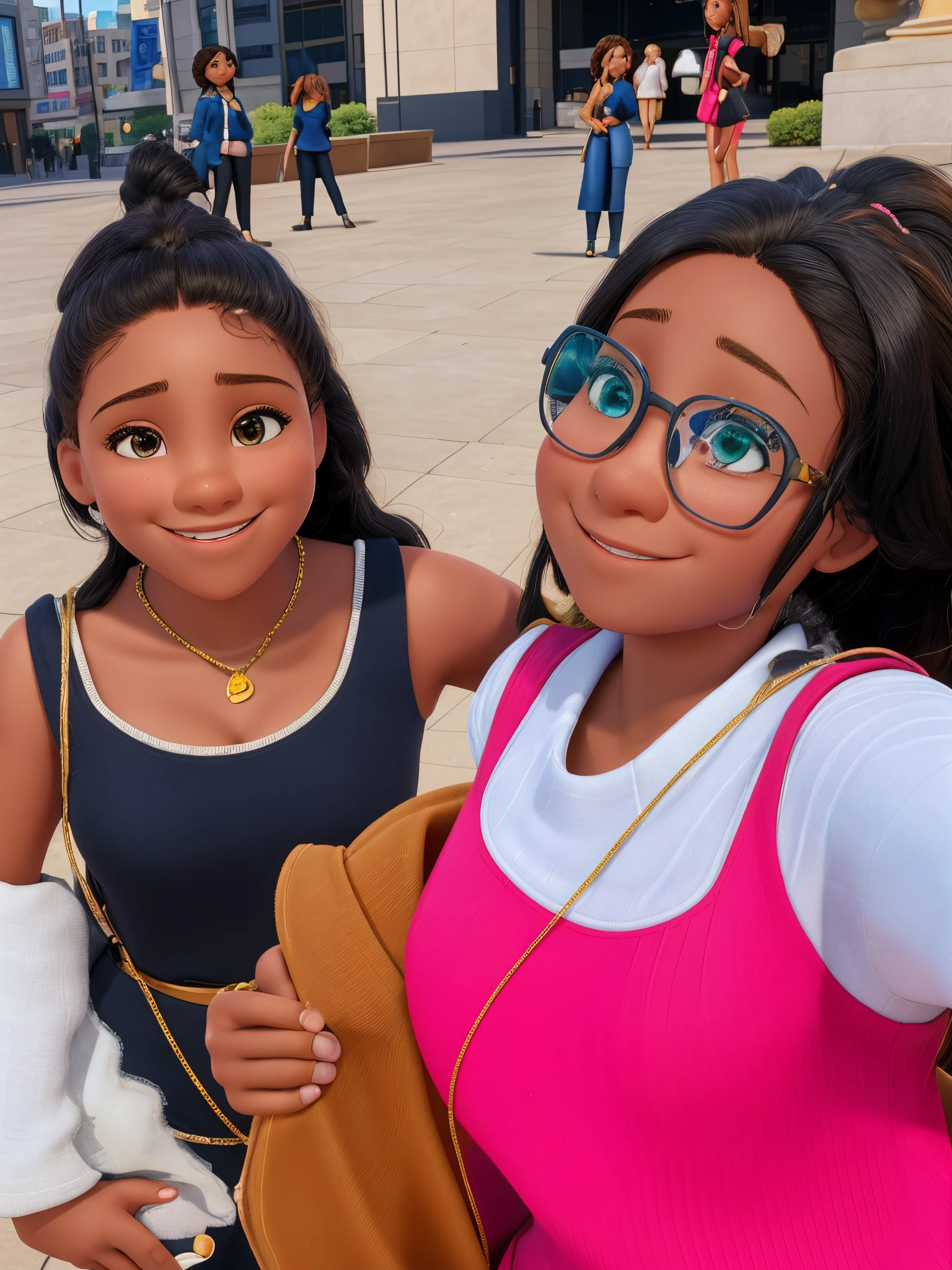 there are two women standing together in a city square, two girls, taken in the early 2020s, beautiful girls, beautiful faces, both smiling for the camera, taken in 2 0 2 0, with brown skin, profile pic, young lady, taken in 2022, sisters, smooth in _ the background, with a twin, older sister vibes