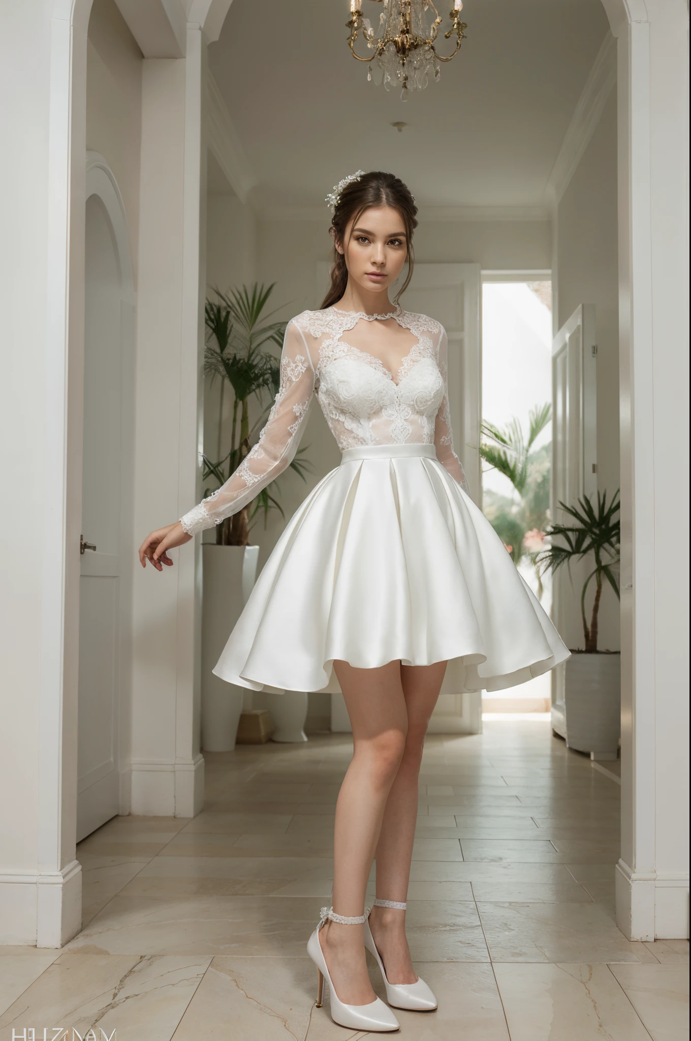 Top quality, Masterpiece, hyper HD, (Photorealistic: 1.4), RAW photo,ultra realistic, 1girl,Fashion model, unique ballgown white wedding dress, long-sleeve style, oganza and lace fabric, full body, in white room with indoor decorative palm tree,stand upright and look straight, white wedding shoes