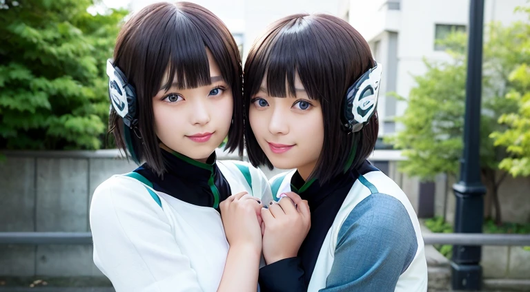 two beautiful young women hugging each other in a studio shot stock photo, two girls, two beautiful women in love, woman holding another woman, beautiful gemini twins portrait, lesbian embrace, cute girls, lesbians, two women, two models in the frame, portrait of women embracing, beautiful gemini twins, young girls, 2girl, twin, hug each other, two same girl, selfcest, twins, izu, humagear, humagear_headset, headphone, sitting, best quality, photorealistic, masterpiece, 8k, high res, solo, (((woman))), (very breast), ((looking at the viewer with face)), (looking at the camera:1), (short hair), bob hair, (professional lighting, bokeh),top angle view, extremely detailed face, fashionable and trendy atmosphere, japan, street, tokyo, factory, ((daytime)), (portrait:0.6), seductive and smile, gorgeous, floating hair, (light particles, lens flare, glowing particles:0.6), (dynamic pose:1.2), soft lighting, black hair, full body, smile, camera, blue eyes, black nail ((pussy:1)), nude