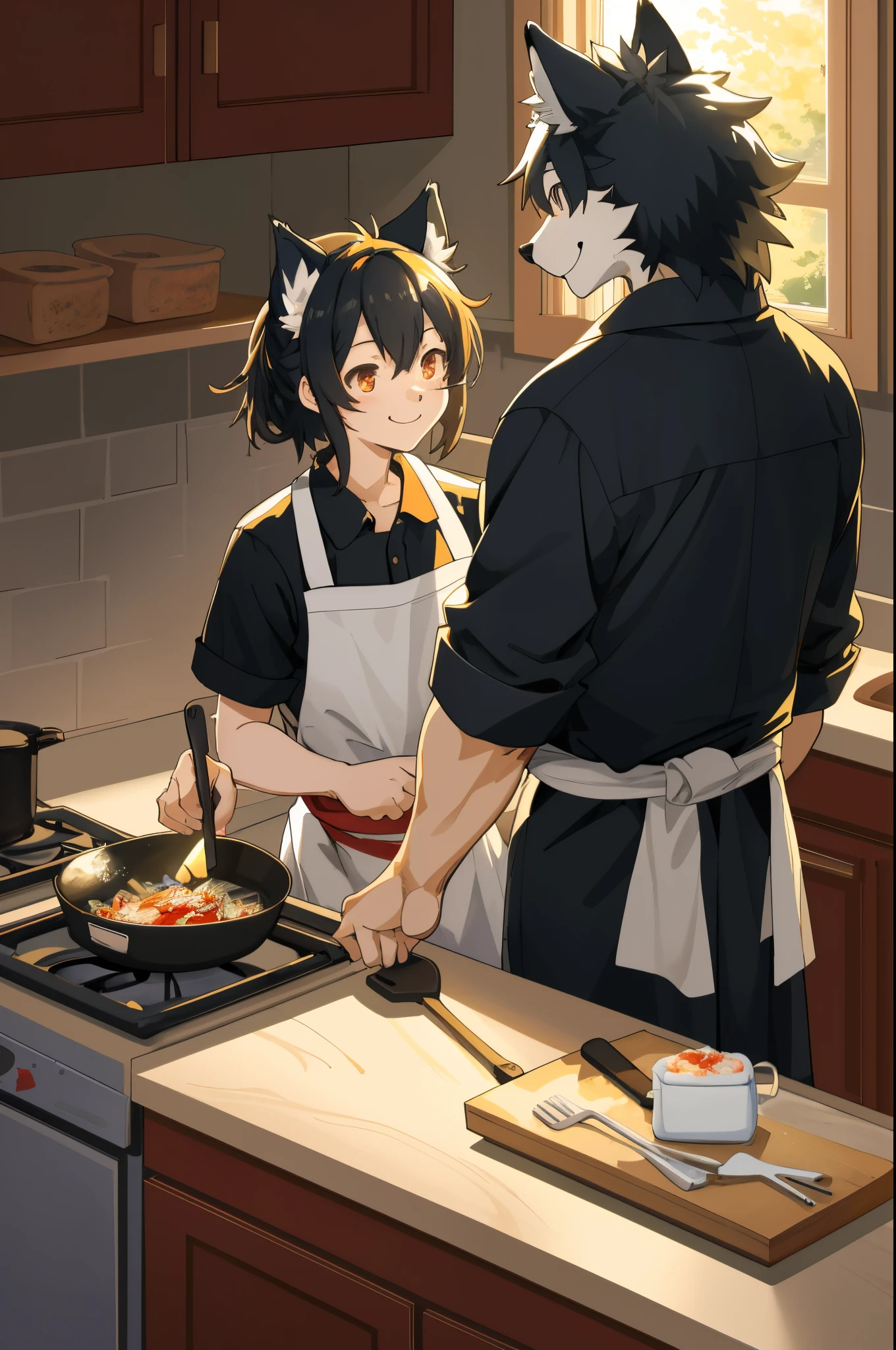 2 boys, gay, hentai, lewd, lowlight, good lighting, resting head on his soldier, orange and black hair, boy, seen with 2 boys, naked, couple , both have cat ears, twinks, pale skin, kitchen seen, coffee cup in background, background out of focus, anime, thicker outline,