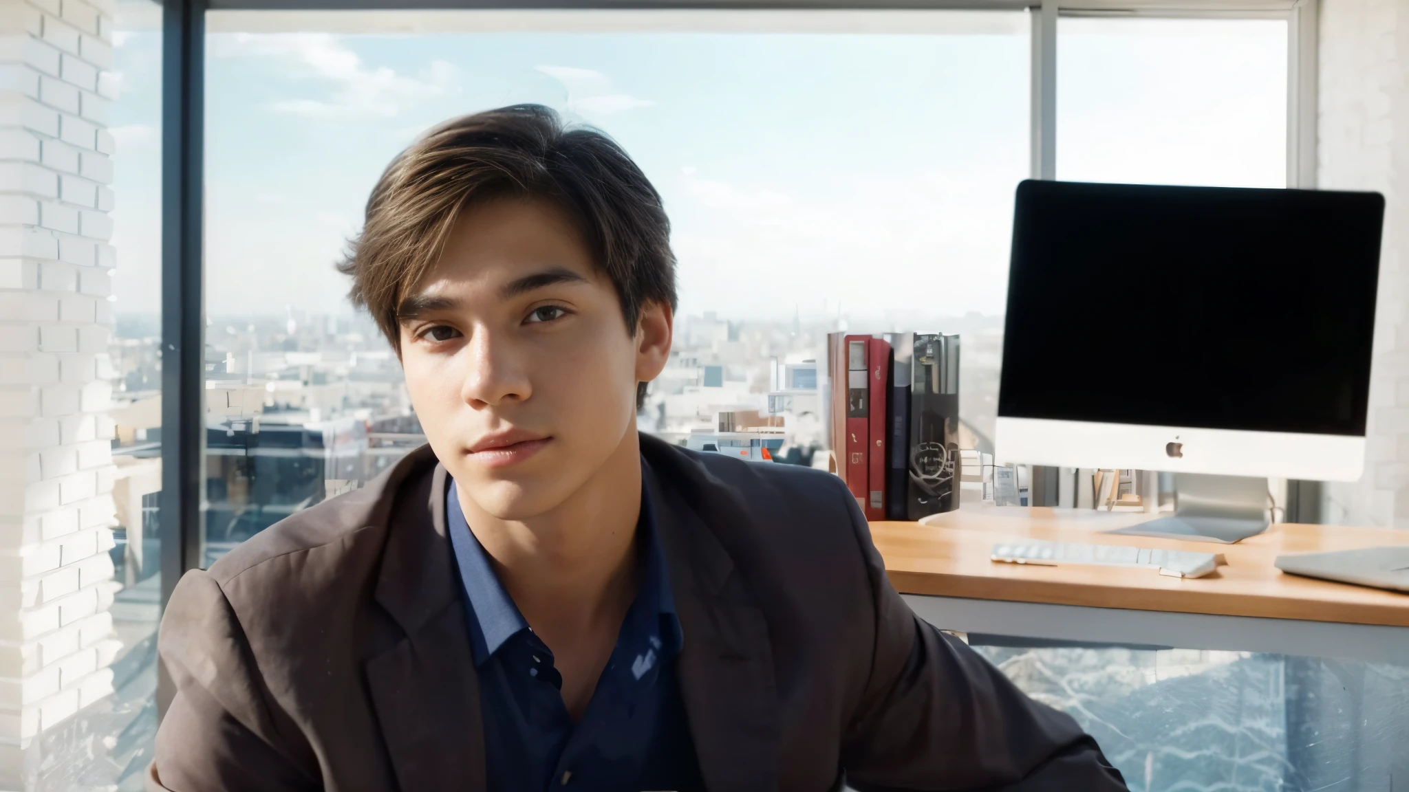 18 yo boy, 90-degree viewing angle,Luxurious work desk,nerds,Computer,Gentle lighting,Outside the window,Listen to music,Kizi,Back Shadow,Leica lens,photorealestic