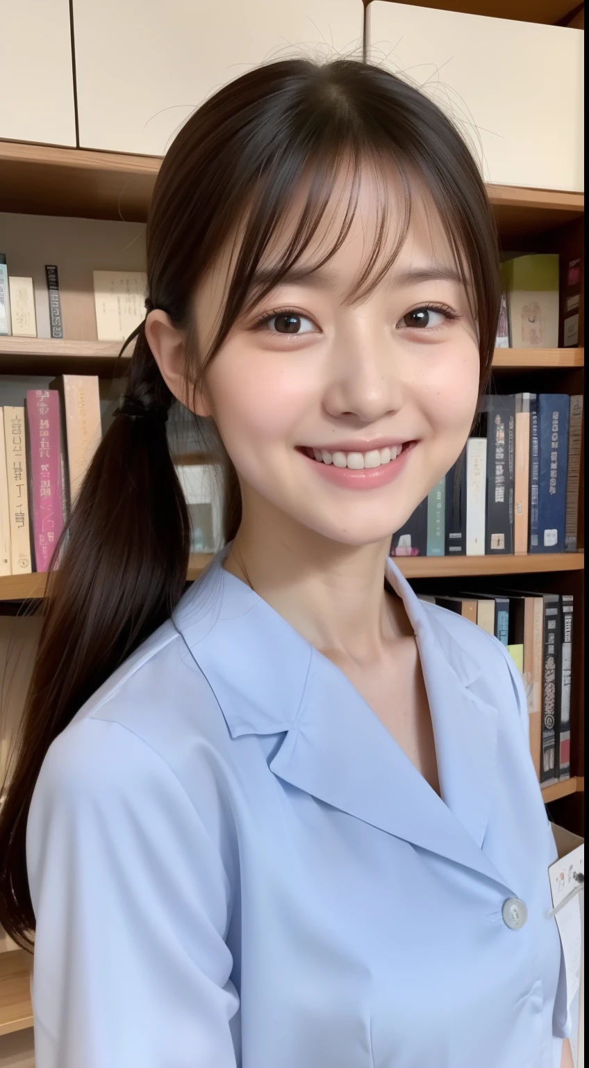 poneyTail、The face is a hostess、Dress is nurse uniform、hiquality、A hyper-realistic、healthy、Smiling expression、Slender perfect figure、Japan beauties、beautidful eyes、face perfect、Beautiful skin、The background is the library、up of face