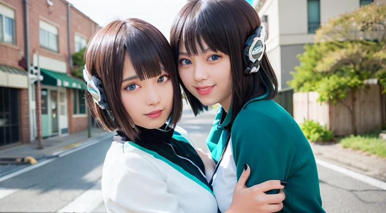 two beautiful young women hugging each other in a studio shot stock photo, two girls, two beautiful women in love, woman holding another woman, beautiful gemini twins portrait, lesbian embrace, cute girls, lesbians, two women, two models in the frame, portrait of women embracing, beautiful gemini twins, young girls, 2girl, twin, hug each other, two same girl, selfcest, twins, izu, humagear, humagear_headset, headphone, sitting, best quality, photorealistic, masterpiece, 8k, high res, solo, (((woman))), (very big breast), ((looking at the viewer with face)), (looking at the camera:1), (short hair), bob hair, (professional lighting, bokeh),extremely detailed face, fashionable and trendy atmosphere, japan, street, tokyo, factory, ((daytime)), (portrait:0.6), seductive and smile, gorgeous, floating hair, (light particles, lens flare, glowing particles:0.6), (dynamic pose:1.2), soft lighting, black hair, full body, smile, camera, blue eyes, black nail ((pussy:1)),