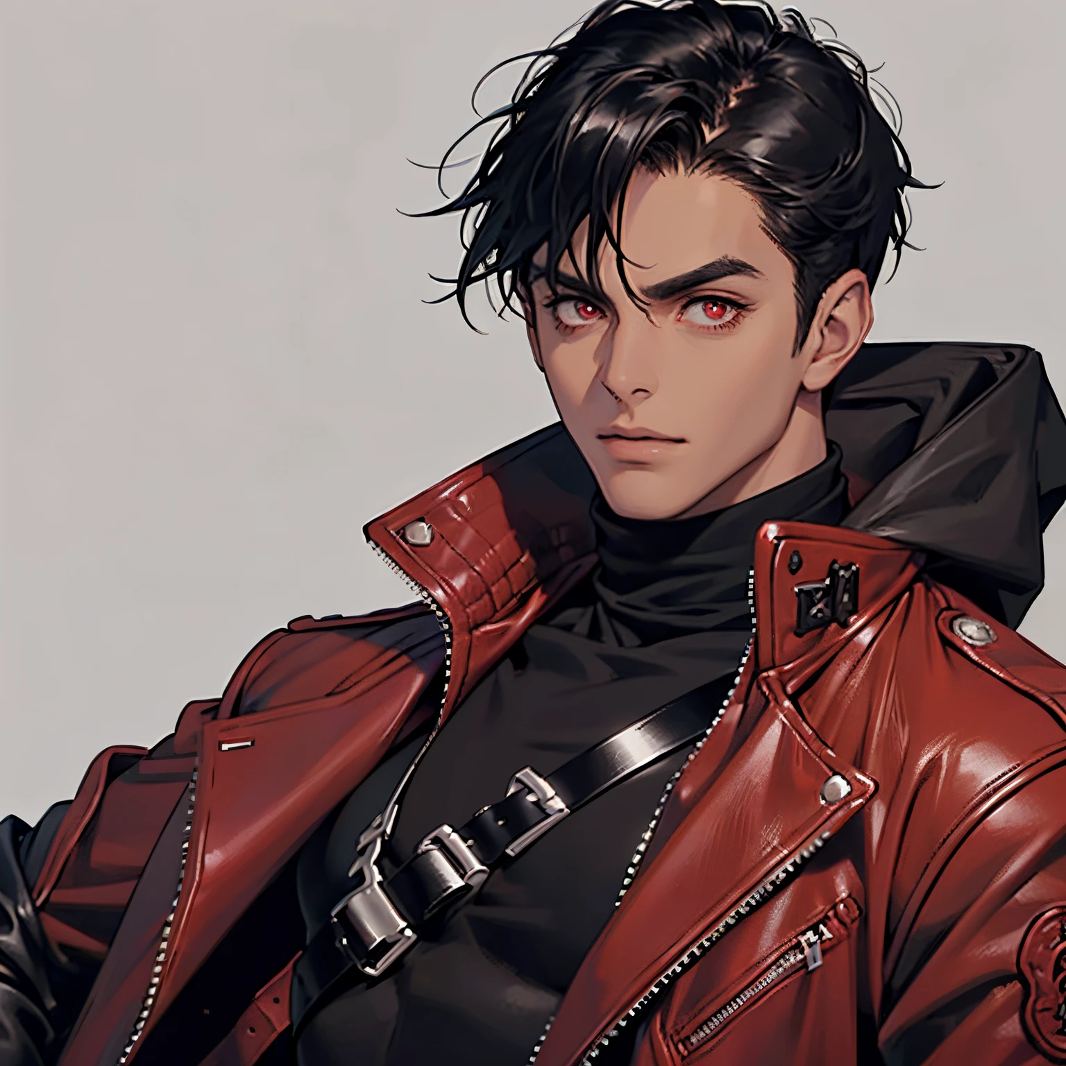 1boy, best quality, detailed face, detailed eyes, dark-skinned male, black hair, short hair, red eyes, serious, red jacket, leather jacket, black turtleneck, black jeans, muscular male, simple background