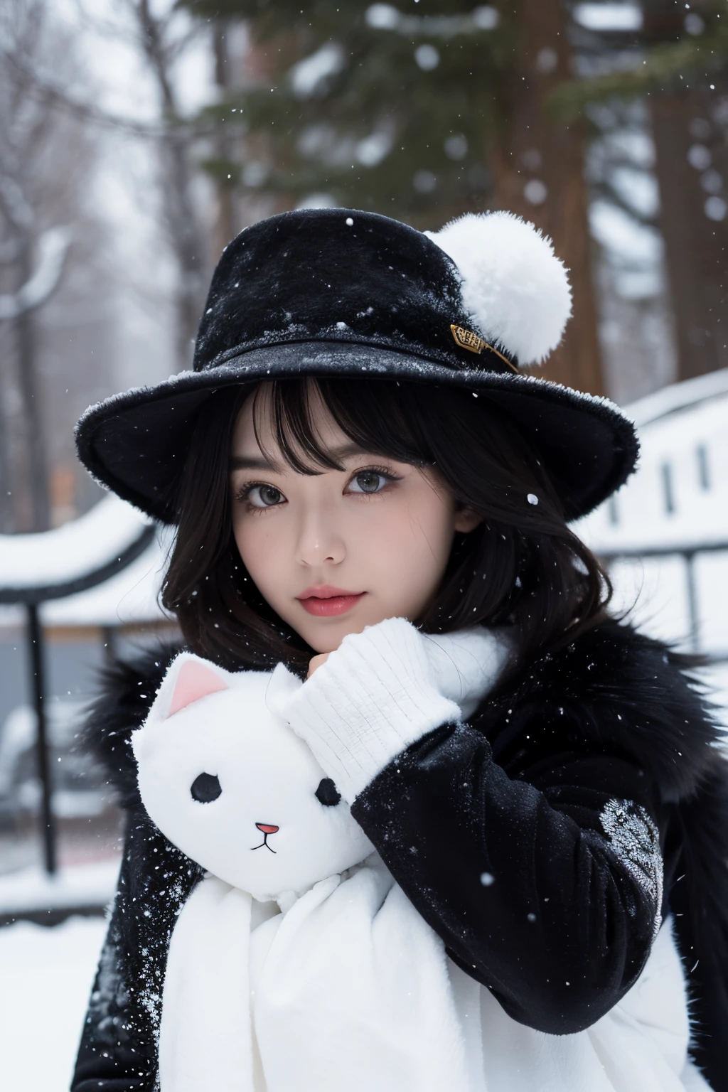 Cat in the snow,Snowy weather,A black cat,black cat wearing sheriff hat
