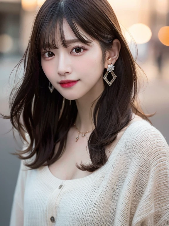 Top Quality, Realistic, 8K, Solo, Smile, Masterpiece, One Girl, Bokeh, Depth of Field, Professional Lighting, High Resolution, Gorgeous, Bangs, Lens Flare, Cute, Photorealistic : 1.37, Earrings, RAW Photography, Absurdity, Watching Viewer, Skindentation, Female, Full Body, Masterpiece: 1.2, Portrait: 0.6, Necklace, pureerosface_v1,　skinny, dynamic pose, mole, floating hair, lips