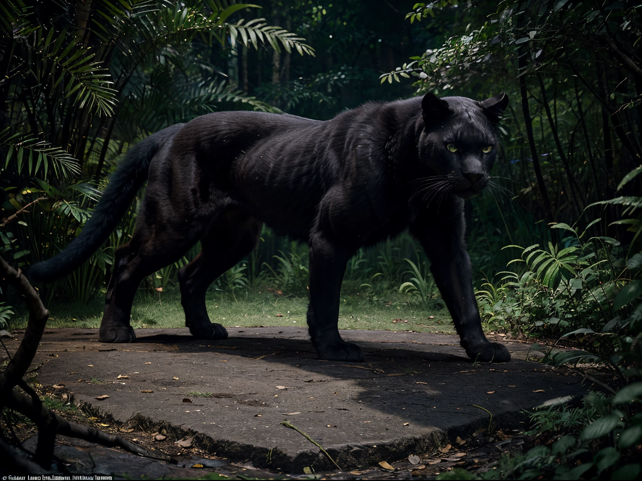 A gorgeously sleek and mysterious black panther, its ebony fur glistening under the moonlight, emerges as the main subject in this stunning photograph. The image captures the panther's powerful form as it gracefully prowls through a dense jungle backdrop. Each ripple in its muscular frame is displayed with impeccable clarity, highlighting the sheer strength and elegance of this magnificent creature. This picture seamlessly merges the velvety darkness of the panther's coat with the lush green foliage, resulting in a visually striking composition that emanates both beauty and intensity. The meticulous attention to detail and impeccable craftsmanship make this image an extraordinary tribute to the captivating allure of the Black Panther.
